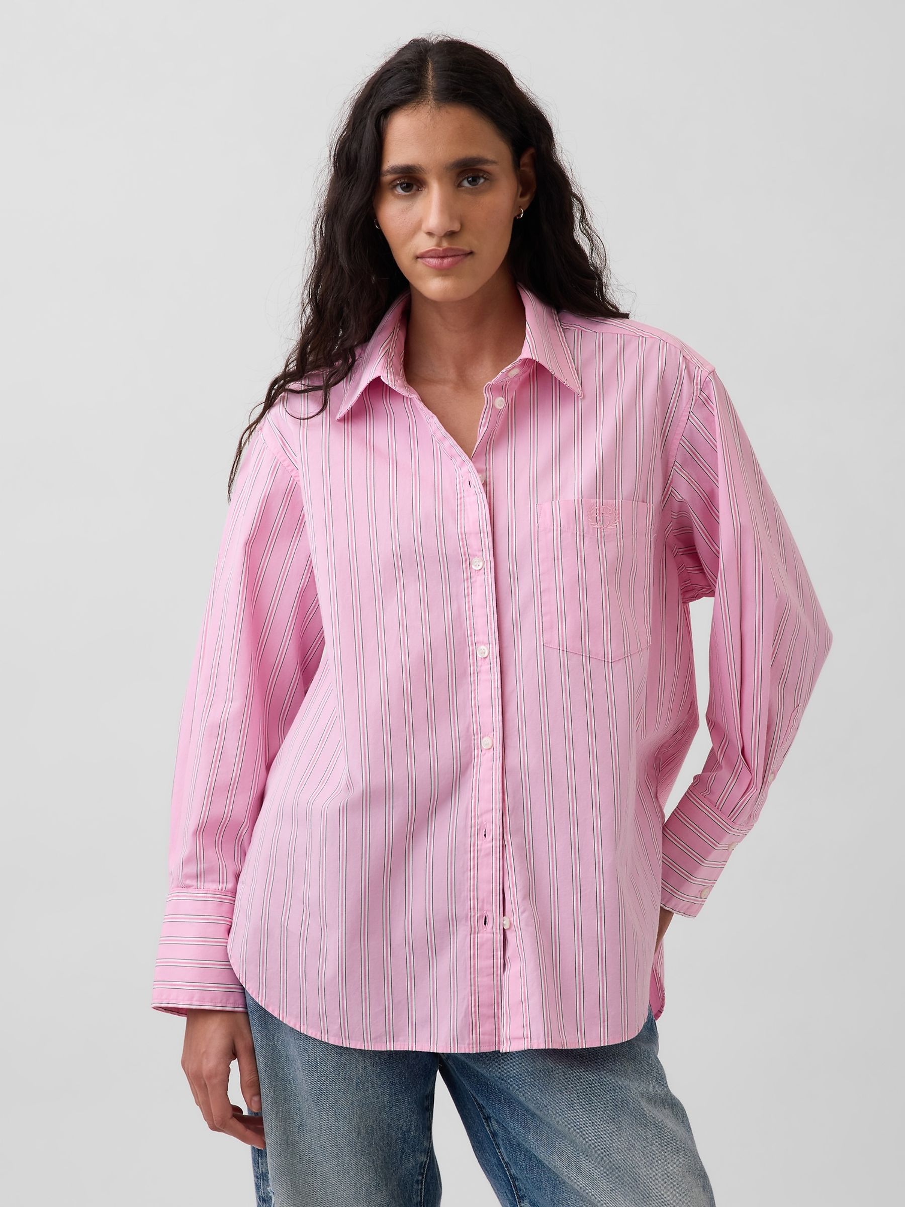Pink Stripe Cotton Poplin Big Shirt - Image 1 of 5