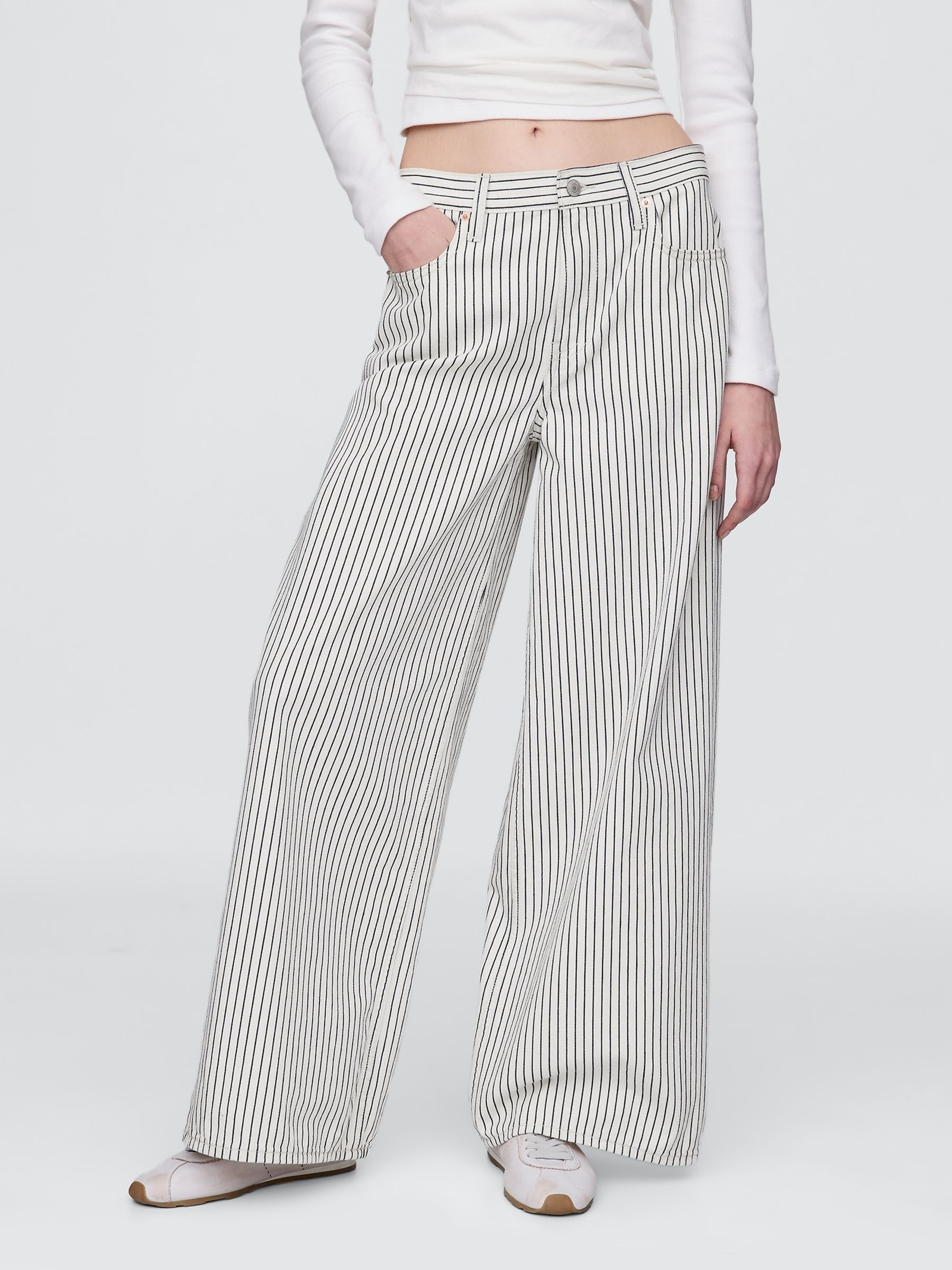 White/Black Stripe Mid Rise Denim Stripe Baggy Jeans - Image 1 of 4