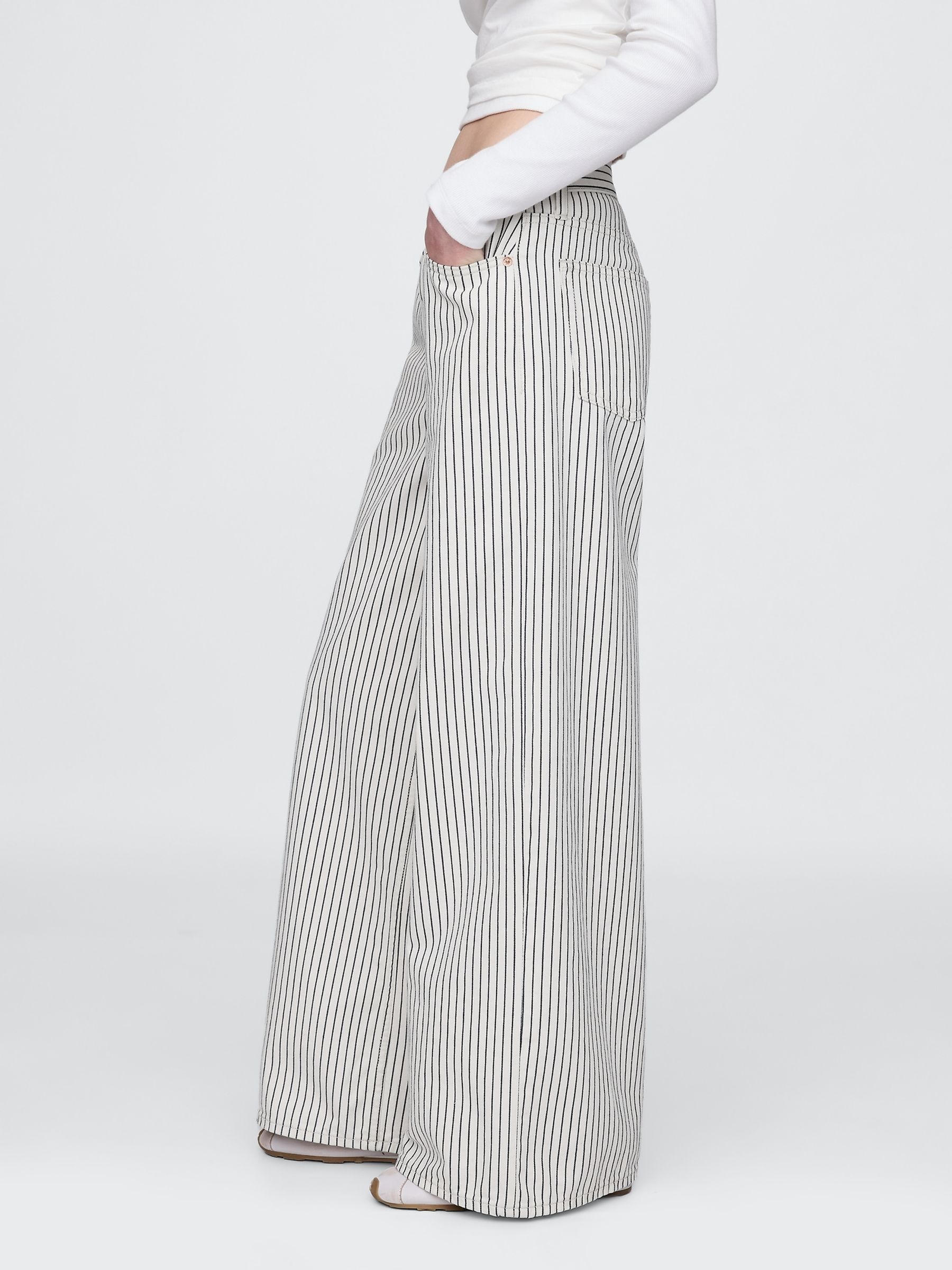 White/Black Stripe Mid Rise Denim Stripe Baggy Jeans - Image 3 of 4