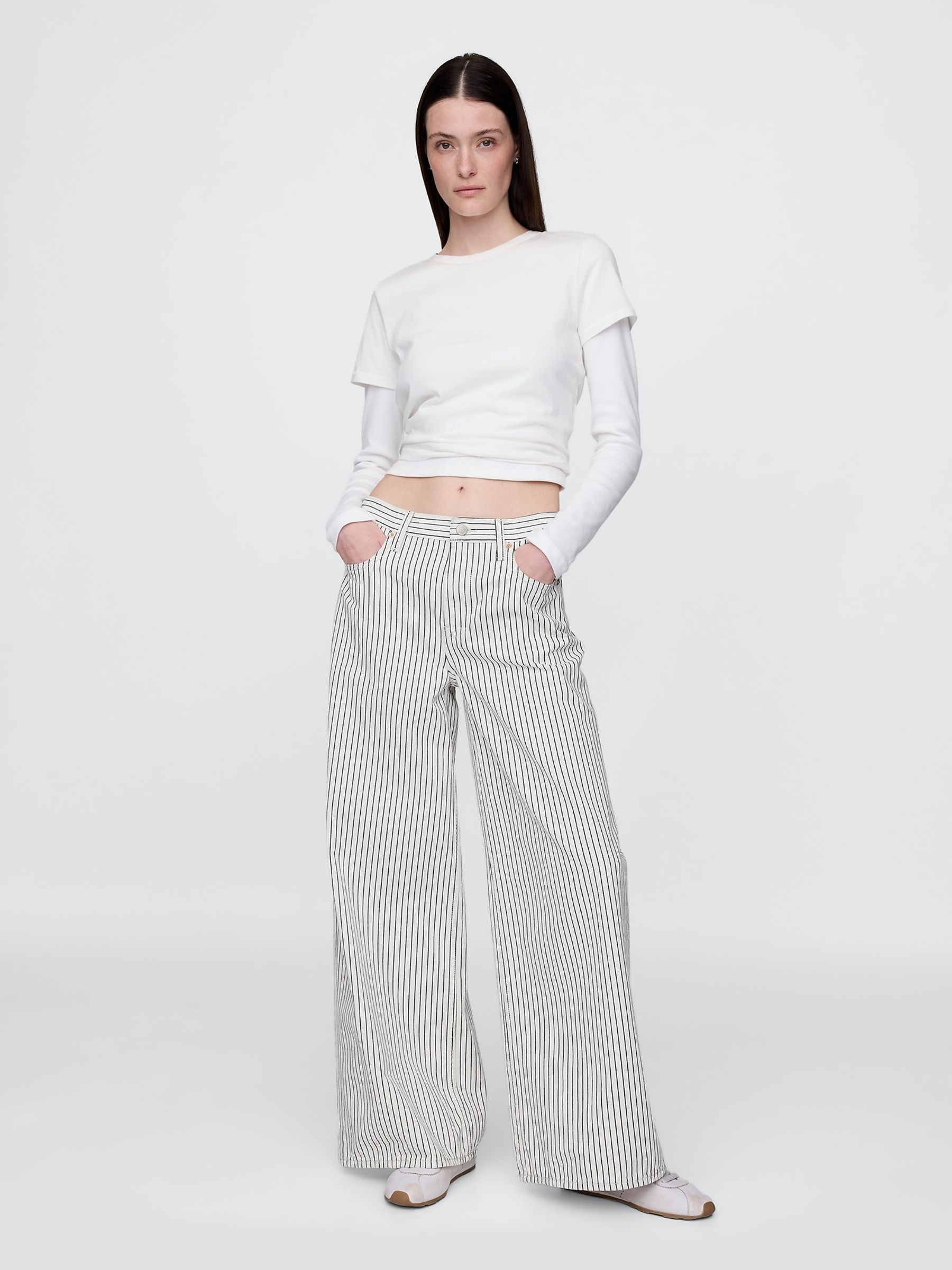White/Black Stripe Mid Rise Denim Stripe Baggy Jeans - Image 4 of 4