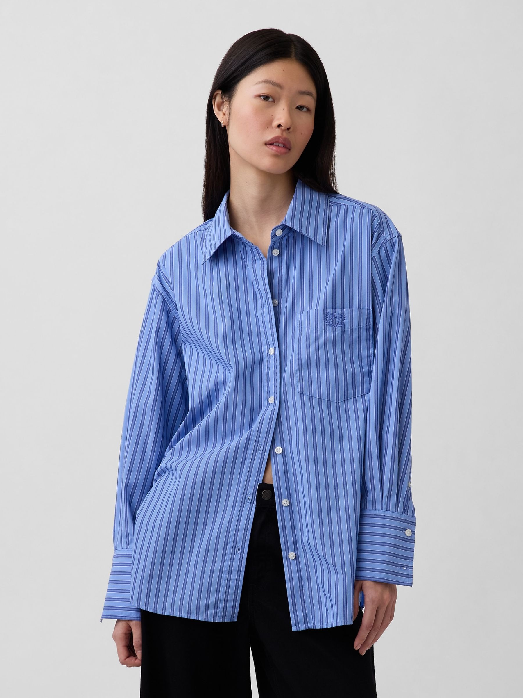Blue Stripe Cotton Poplin Big Shirt - Image 1 of 5