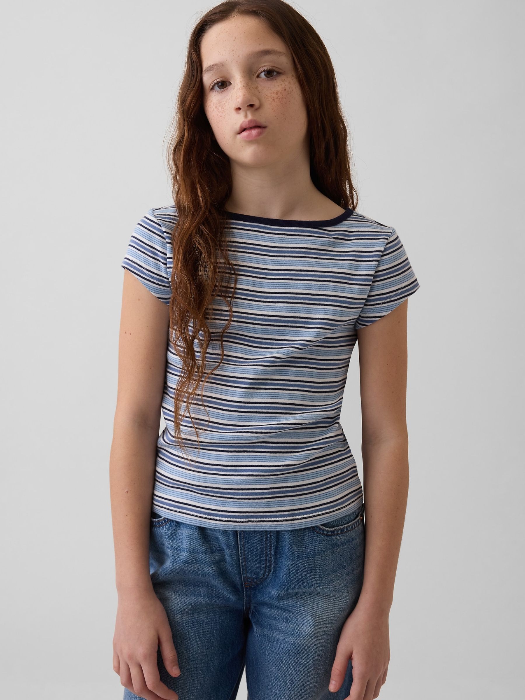 Blue stripe Cap-Sleeve Fitted T-Shirt - Image 1 of 4