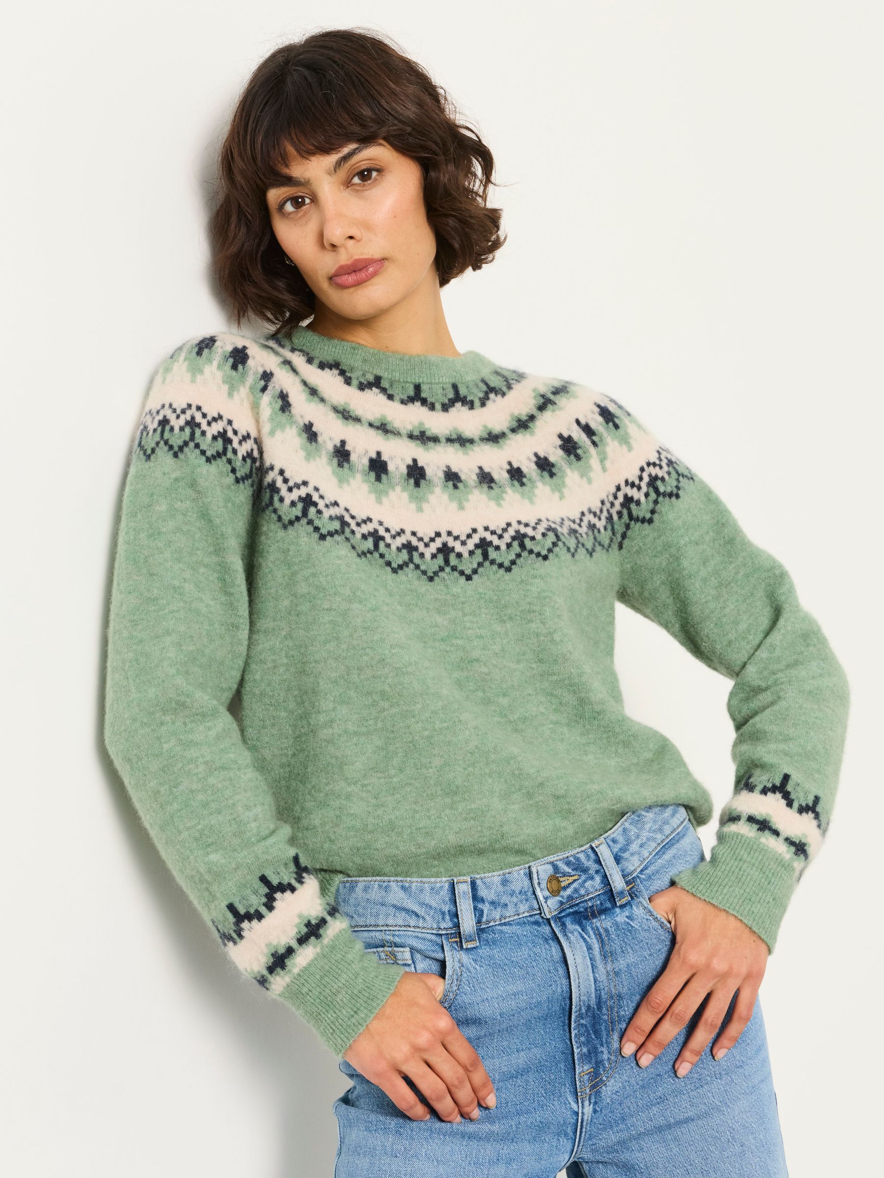 Halle Light Green Fairisle Knitted Crew Jumper - Image 1 of 6 Halle Light Green Fairisle Knitted Crew Jumper - Image 1 of 6