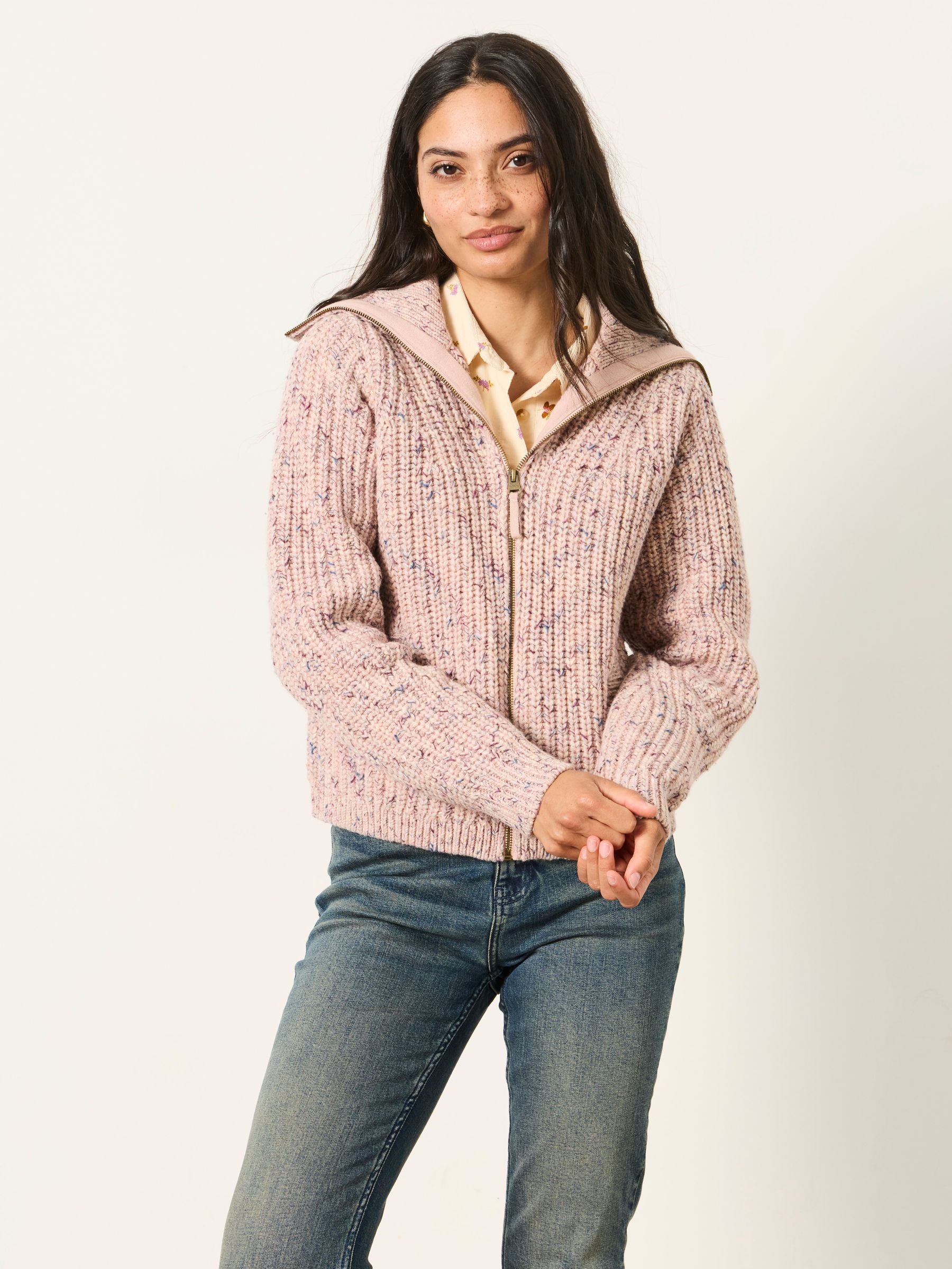 Pink Cooper Knitted Rib Zip Through Cardigan - Image 3 of 6
