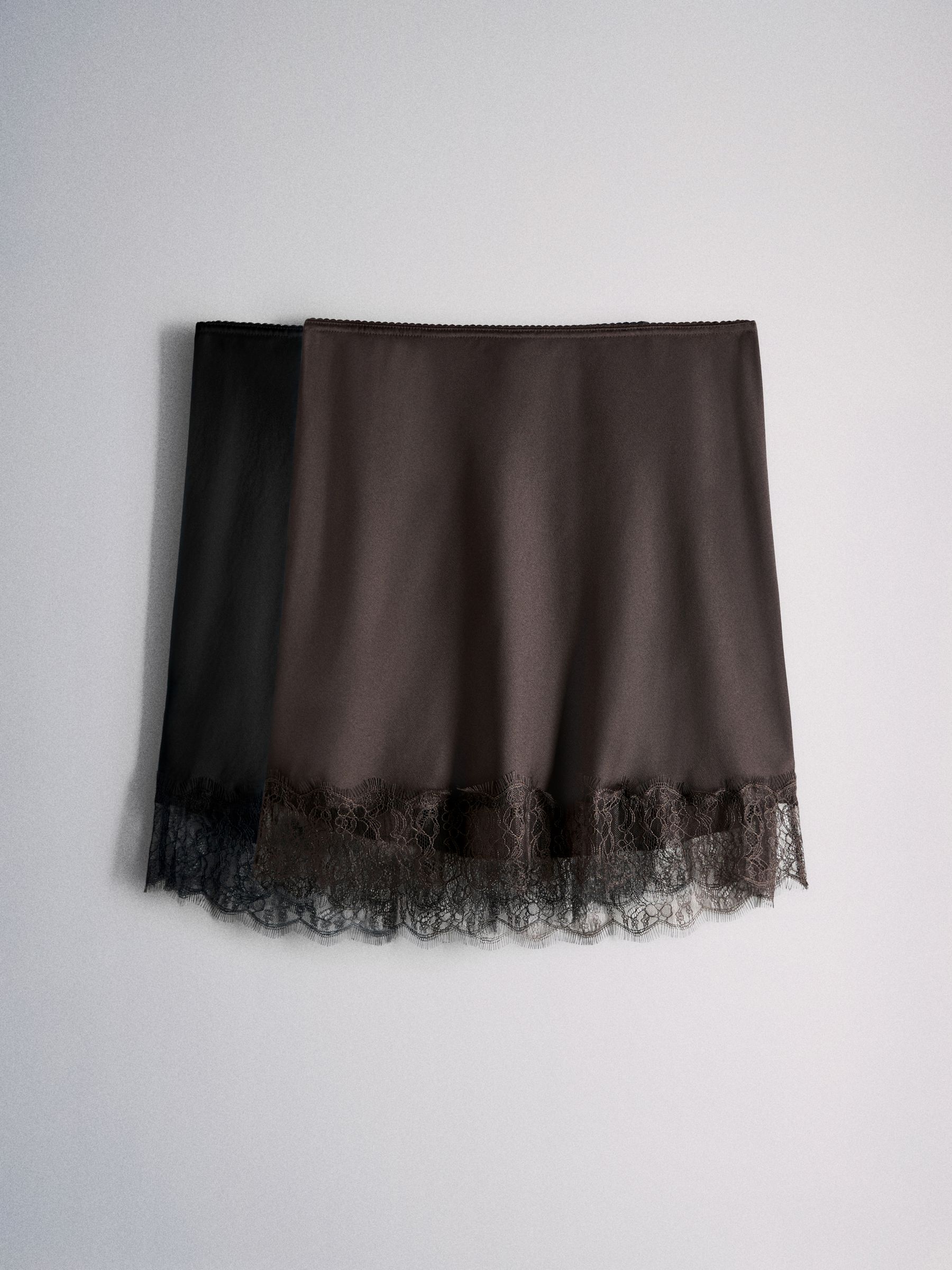2 Pack Satin Crepe Lace Hem Mini Skirt Black/Chocolate Brown - Image 2 of 6