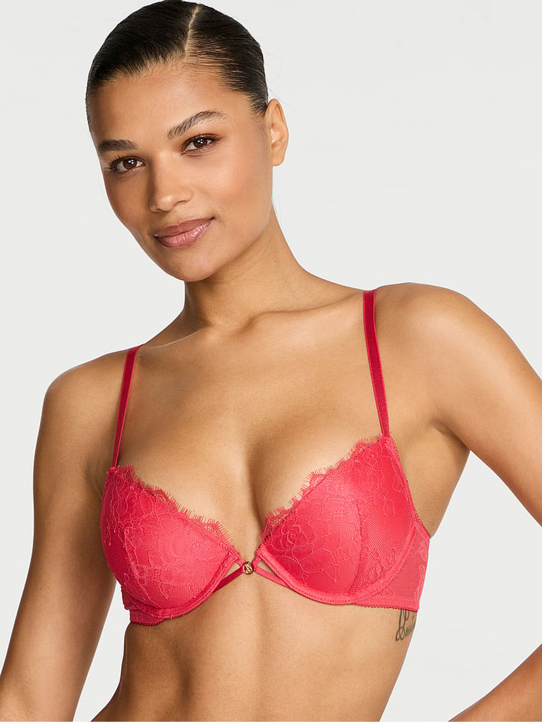 Hot Coral Pink Rose Demi Lace Bra - Image 1 of 2