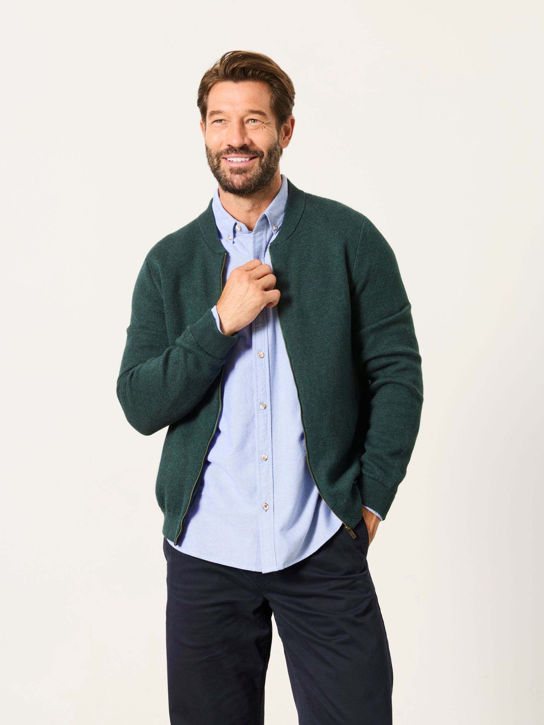 Ashurst Dark Green Knitted Zip Front Bomber Jacket - Image 1 of 6