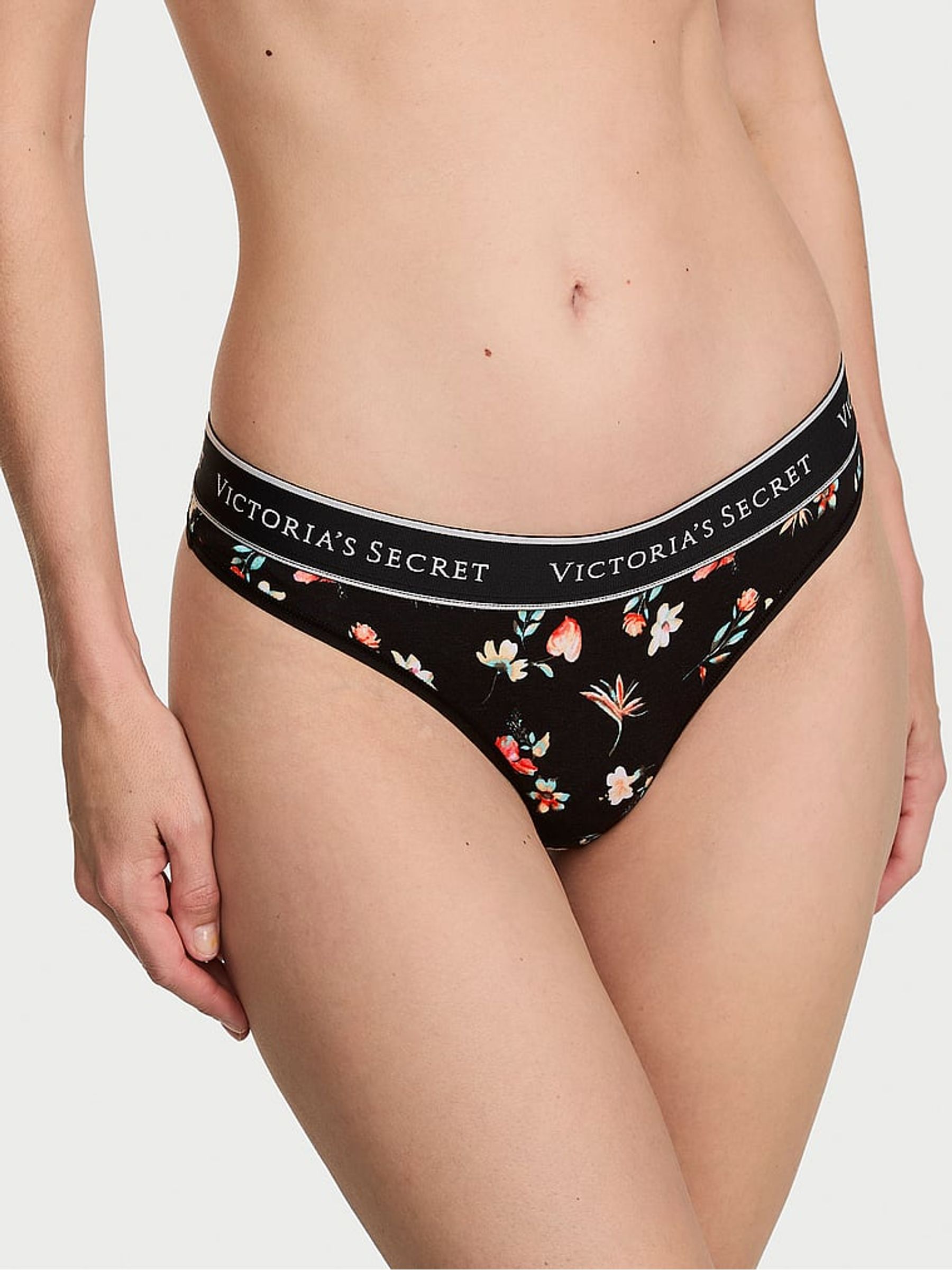 Black Floral Thong Logo Knickers - Image 1 of 2