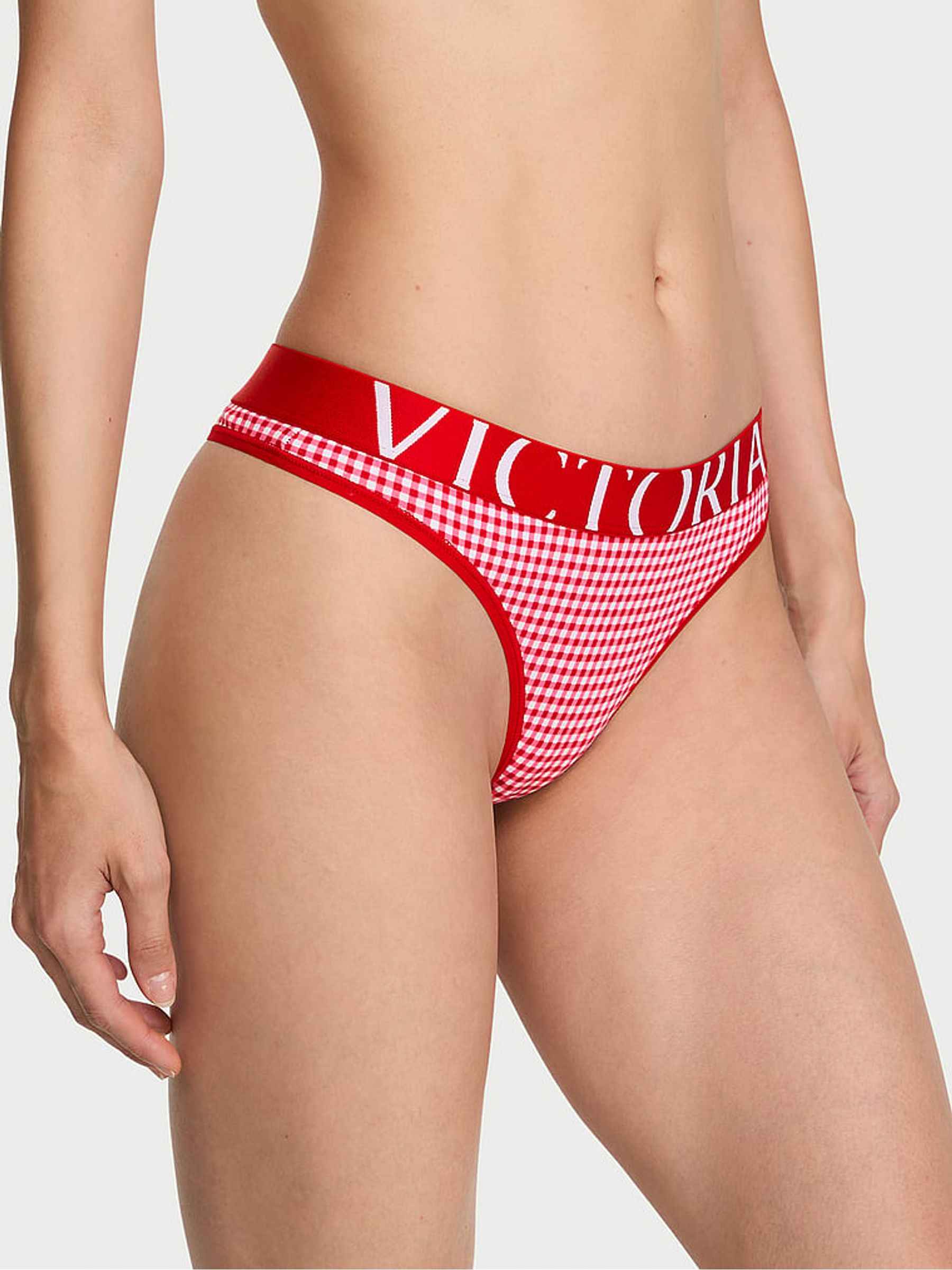 Lipstick Red Gingham Thong Exploded Logo Knickers - Image 1 of 2