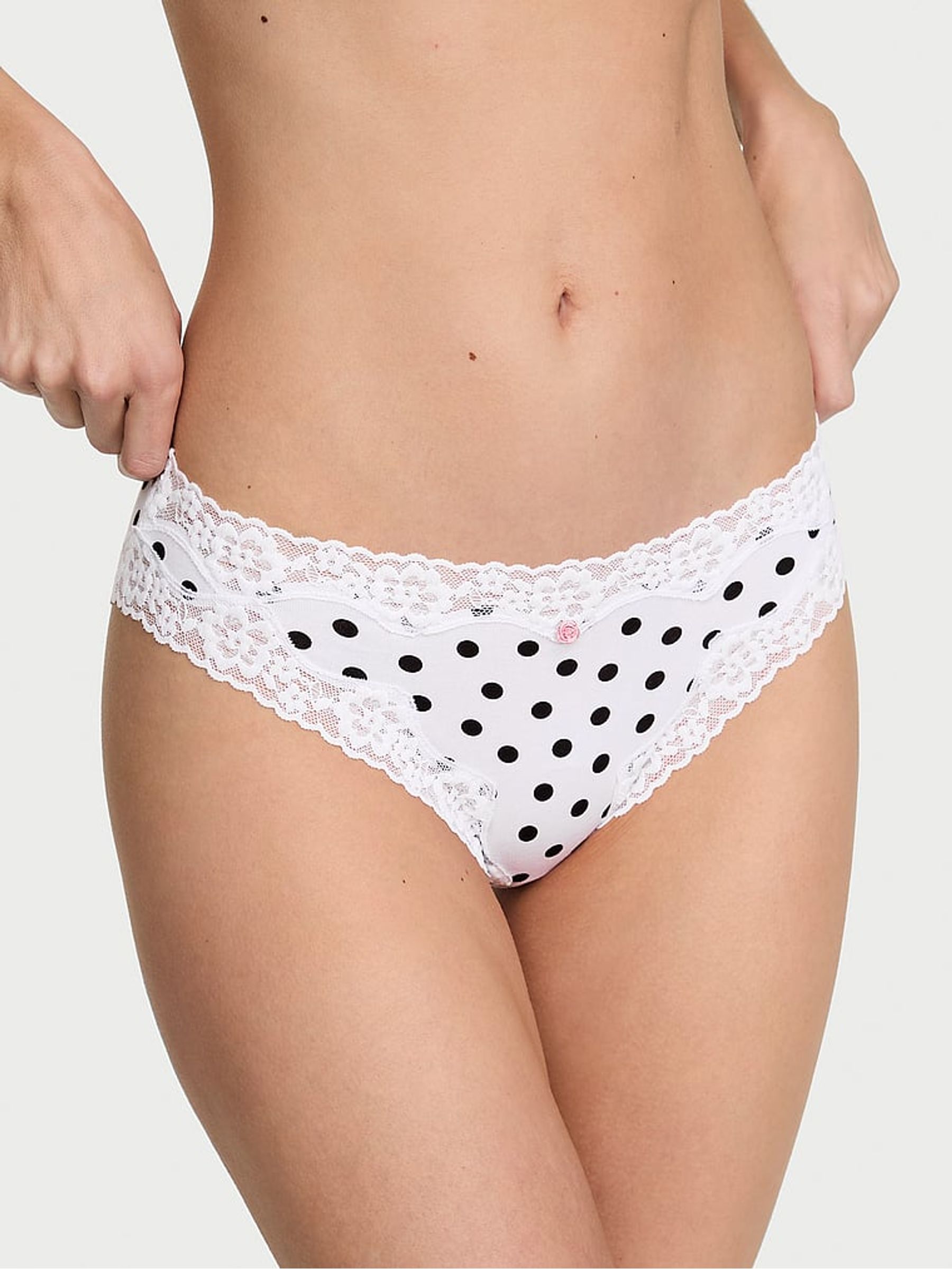 White Polka Dot Bikini Cotton Lace Waist Knickers - Image 1 of 3