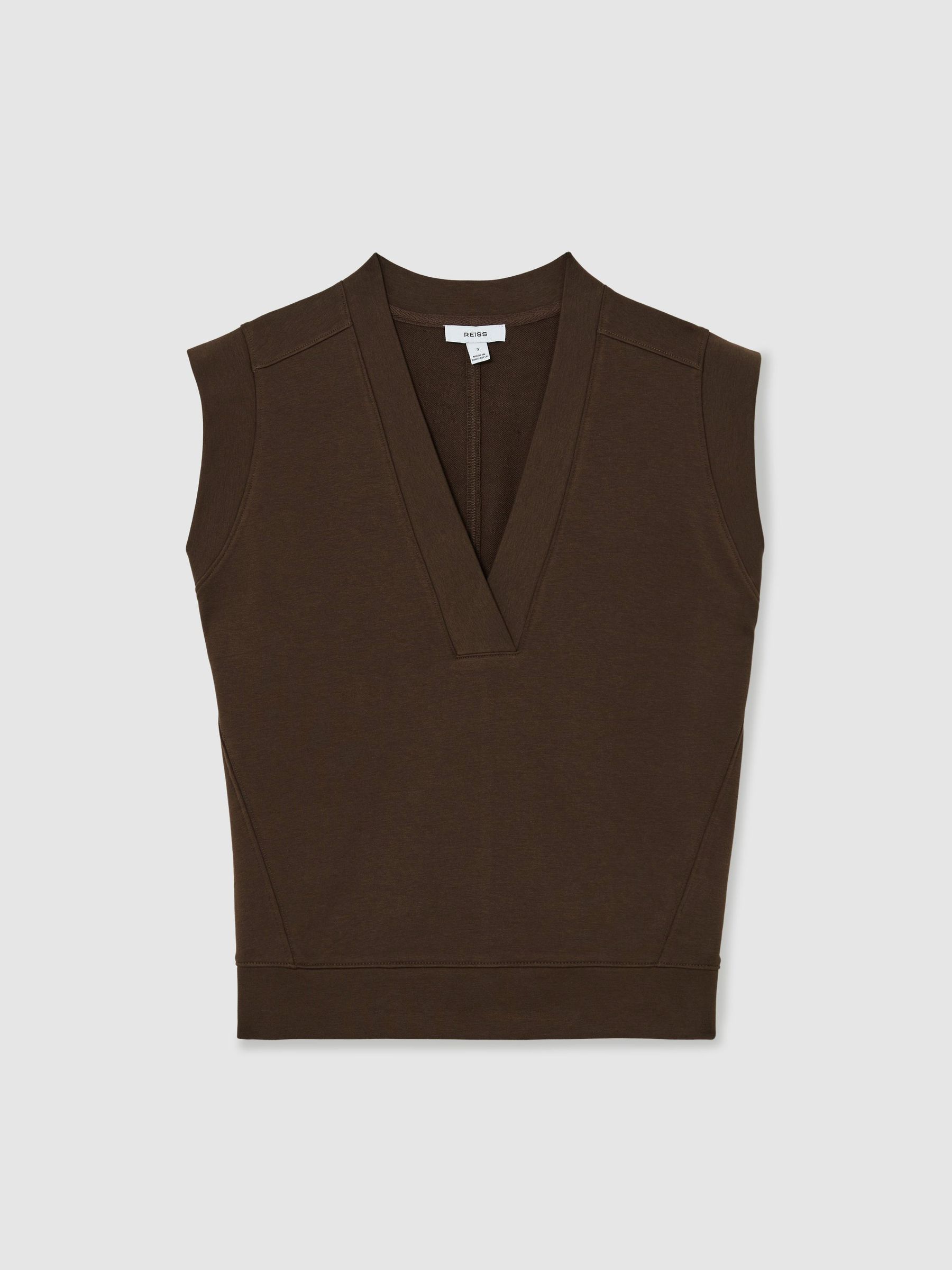 Cotton-Blend Sleeveless V-Neck Sweat Top in Chocolate Brown