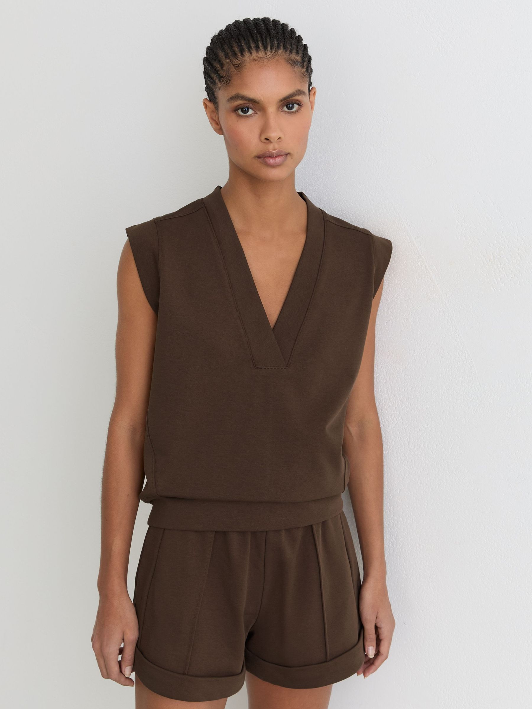 Cotton-Blend Sleeveless V-Neck Sweat Top in Chocolate Brown - Image 3 of 6