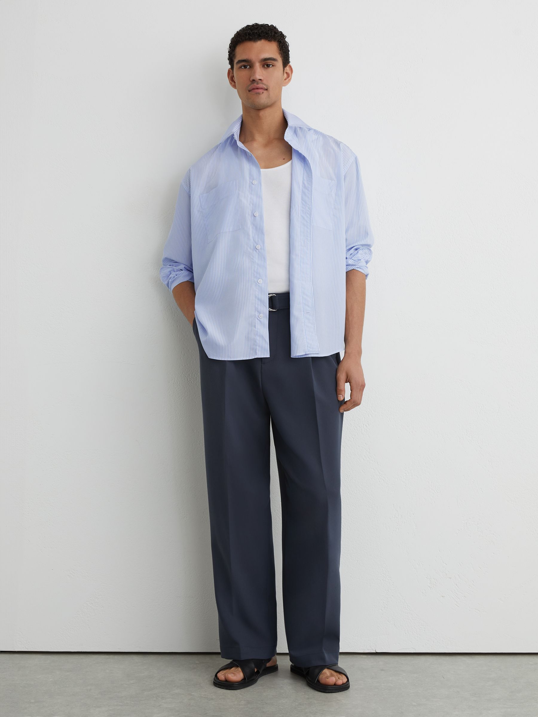 Lyocell Stripe Button-Through Overshirt in Soft Blue - Image 1 of 6 Lyocell Stripe Button-Through Overshirt in Soft Blue - Image 1 of 6