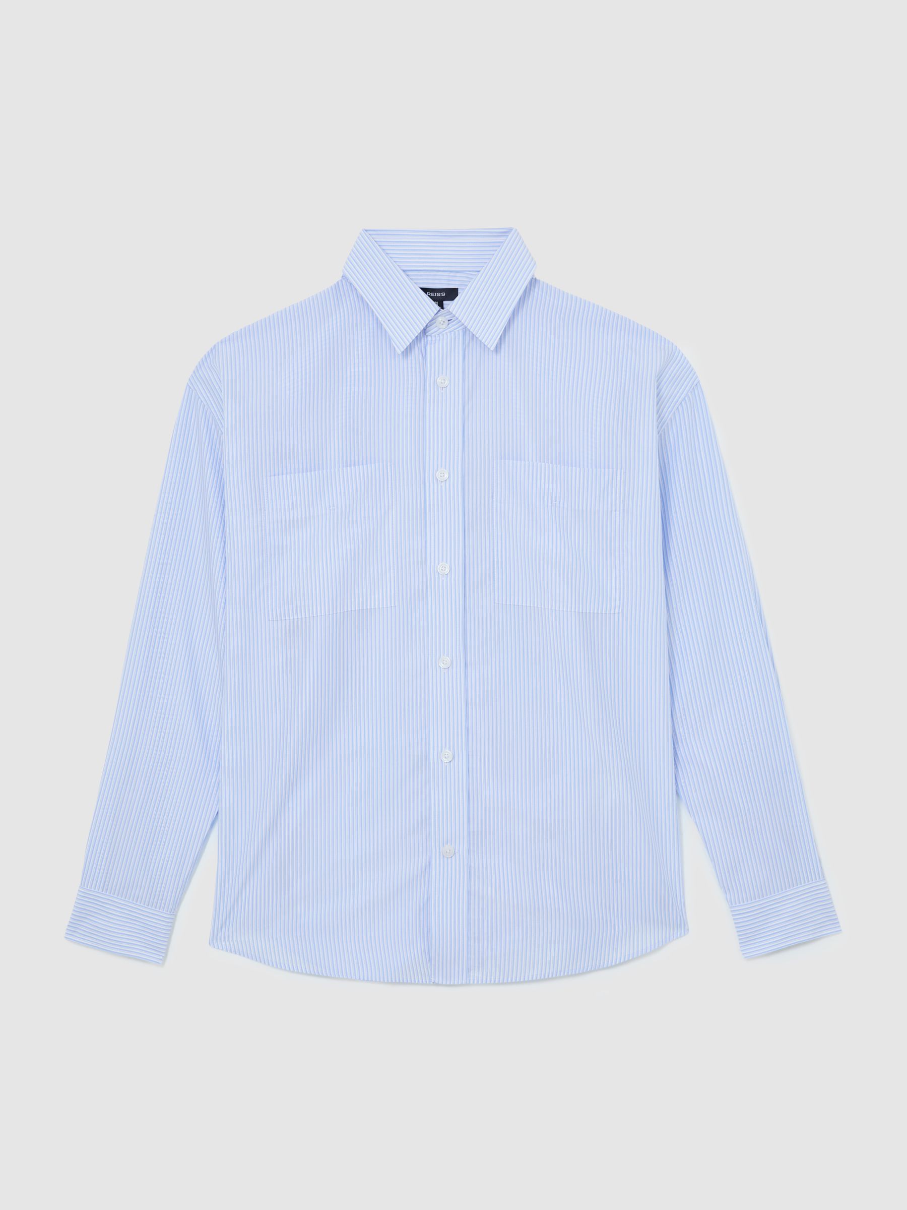 Lyocell Stripe Button-Through Overshirt in Soft Blue - Image 2 of 6 Lyocell Stripe Button-Through Overshirt in Soft Blue - Image 2 of 6