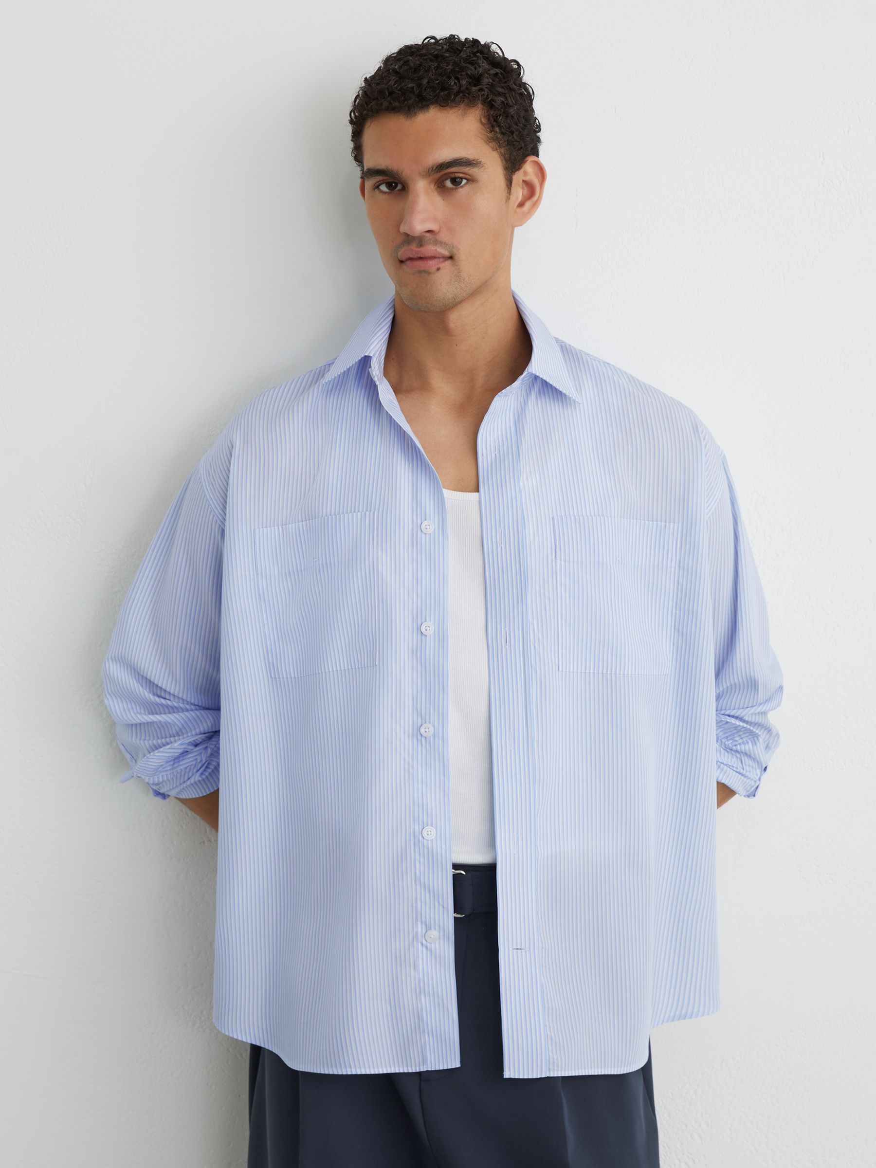 Lyocell Stripe Button-Through Overshirt in Soft Blue - Image 3 of 6