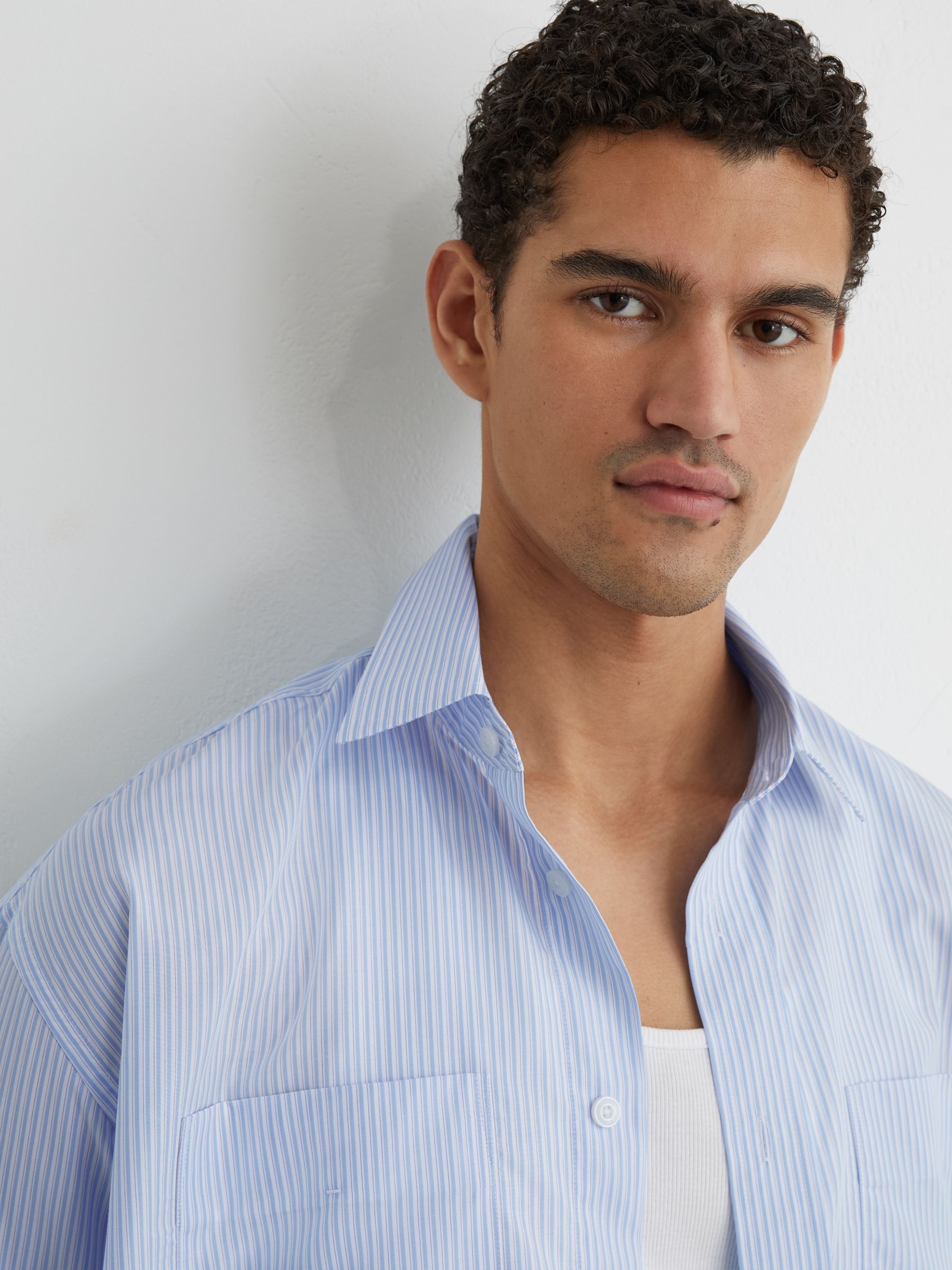 Lyocell Stripe Button-Through Overshirt in Soft Blue - Image 4 of 6