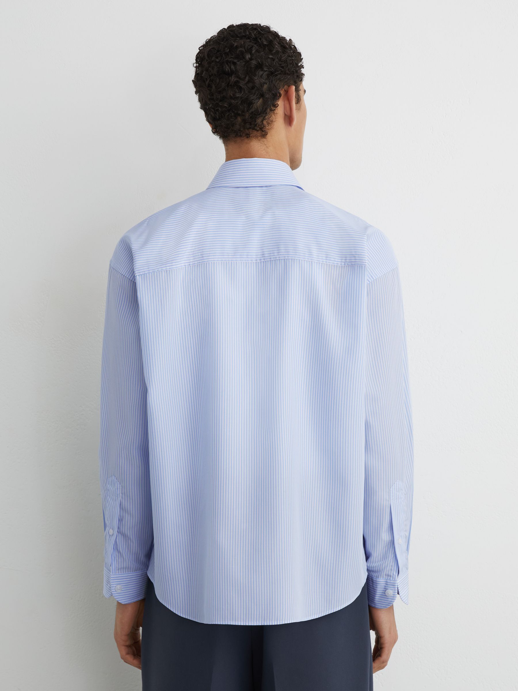 Lyocell Stripe Button-Through Overshirt in Soft Blue - Image 5 of 6