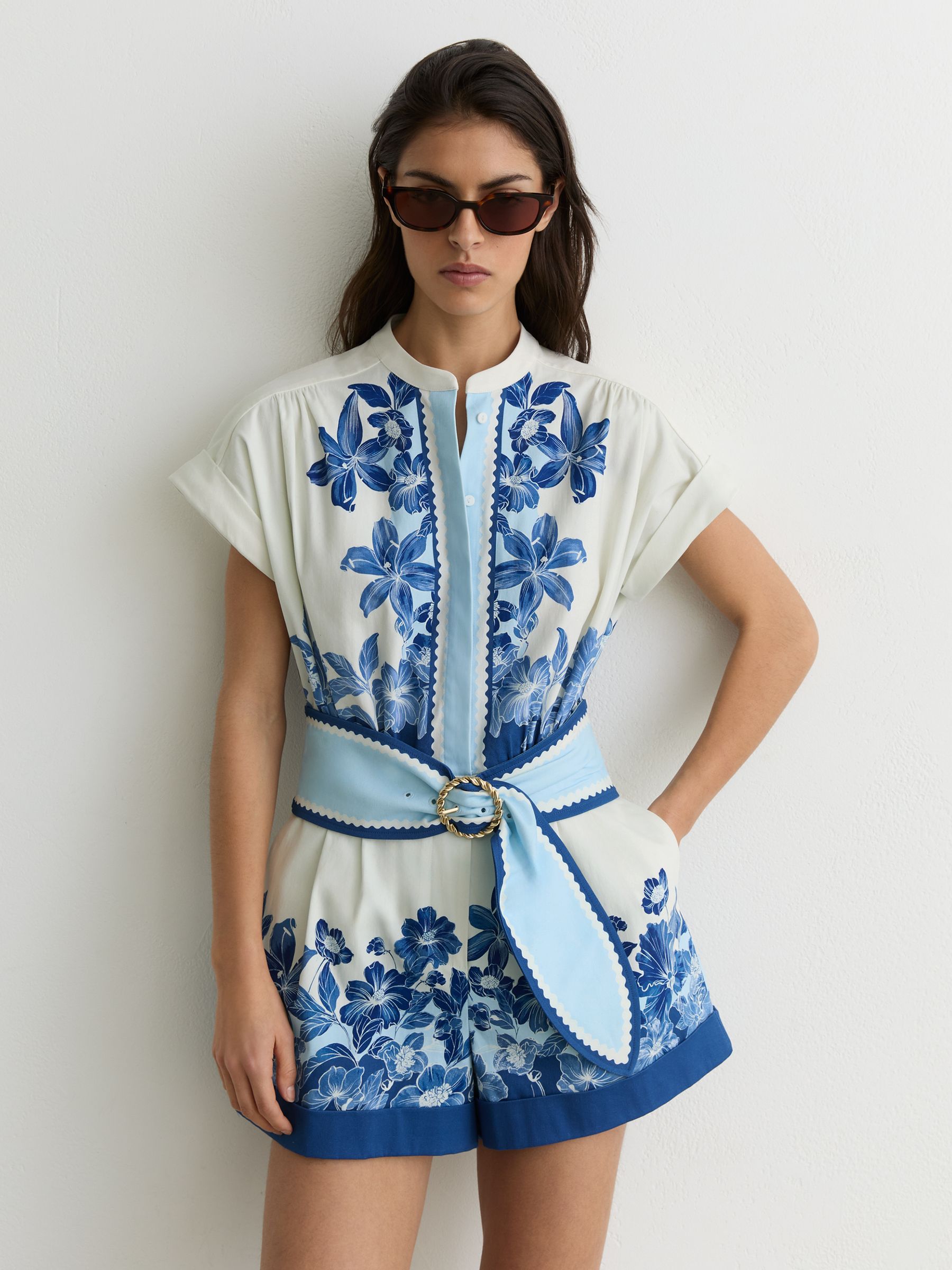 Cotton Floral-Print Belted Playsuit with Stretch in Navy/Ivory - image 2