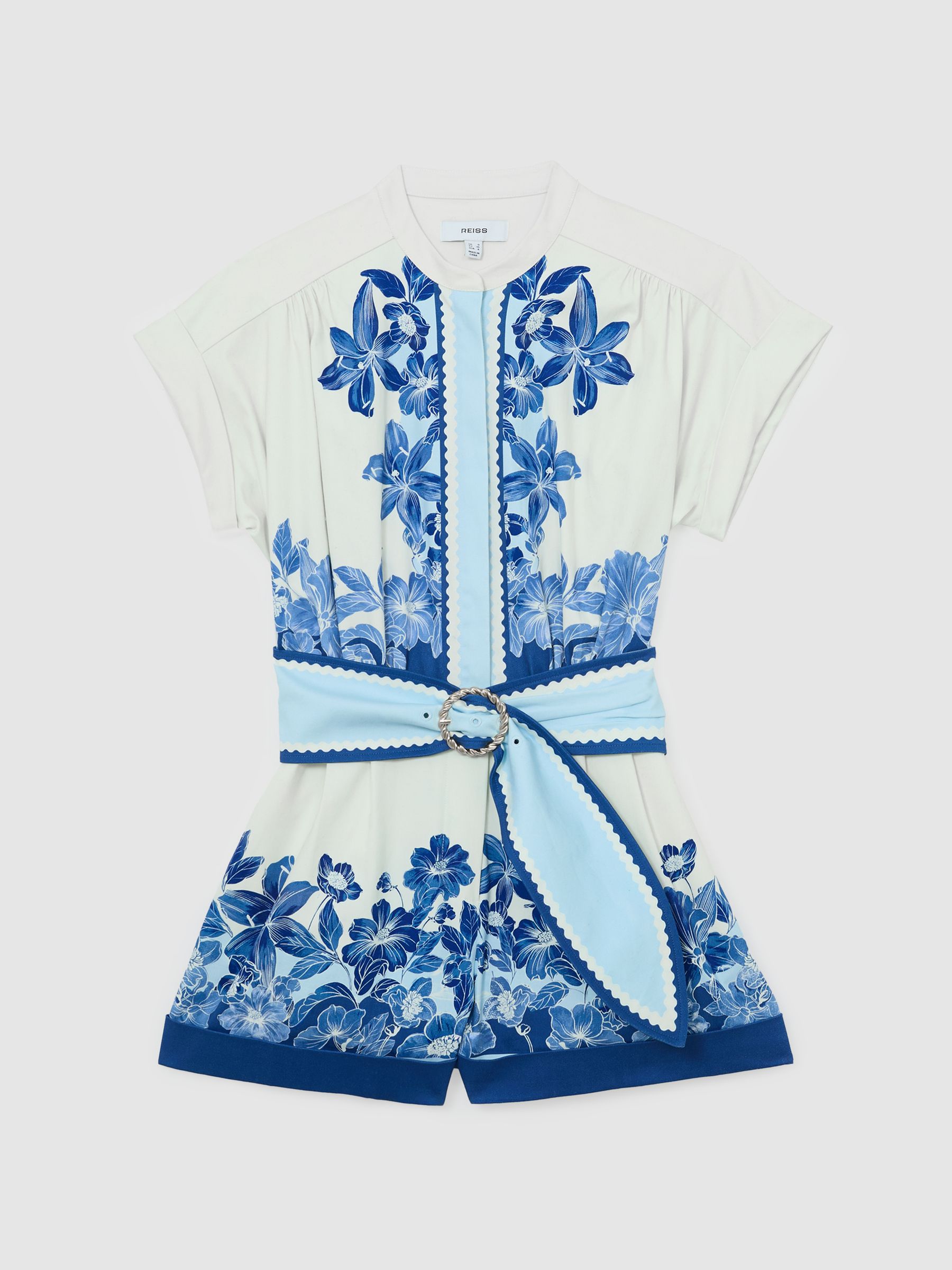 Cotton Floral-Print Belted Playsuit with Stretch in Navy/Ivory - image 1