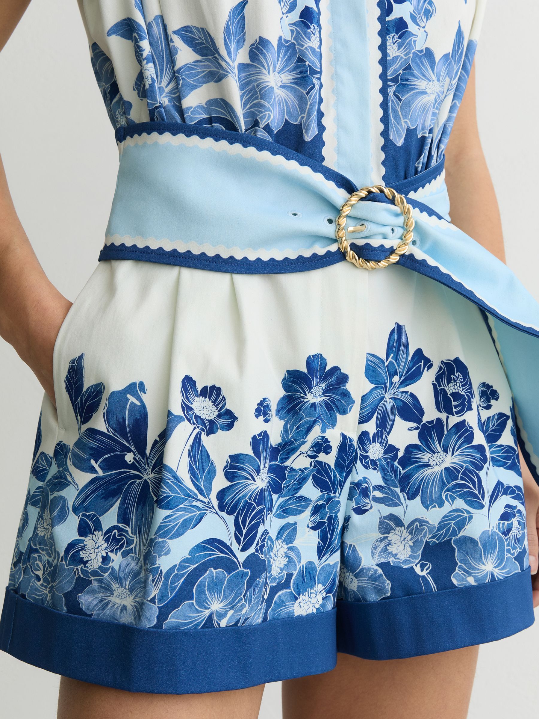 Cotton Floral-Print Belted Playsuit with Stretch in Navy/Ivory - image 5