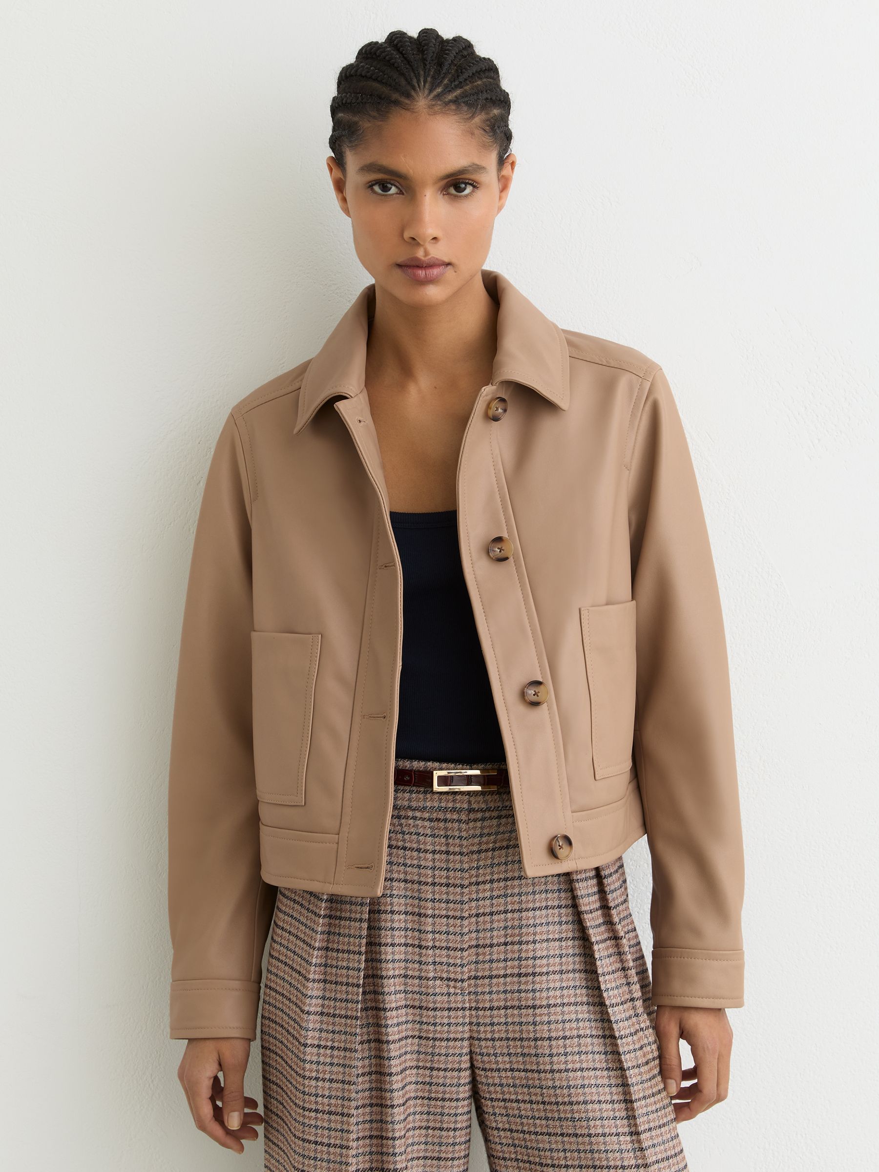 Petite Leather Trucker Jacket in Neutral - image 3