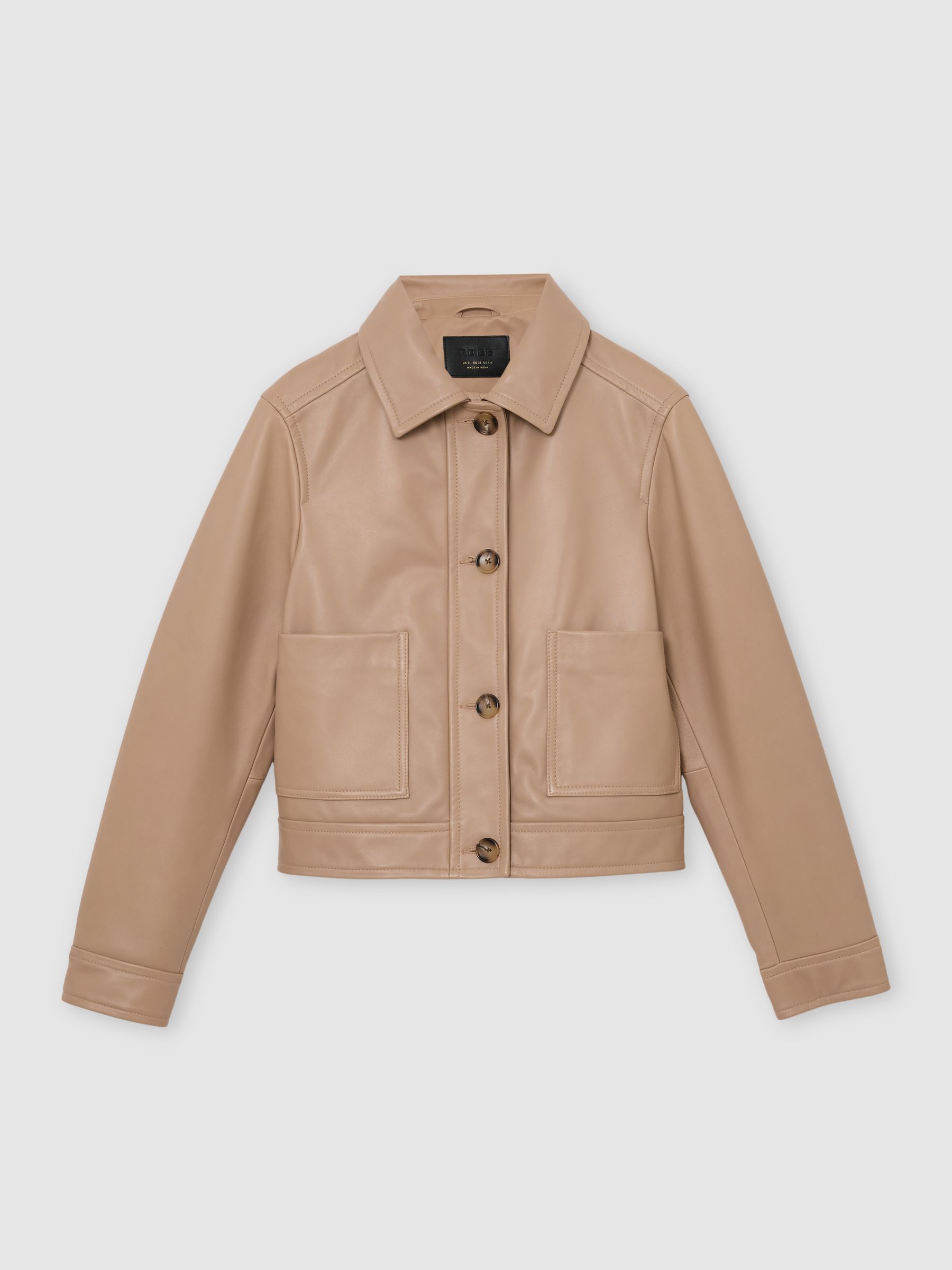 Petite Leather Trucker Jacket in Neutral - Image 2 of 8 Petite Leather Trucker Jacket in Neutral - Image 2 of 8