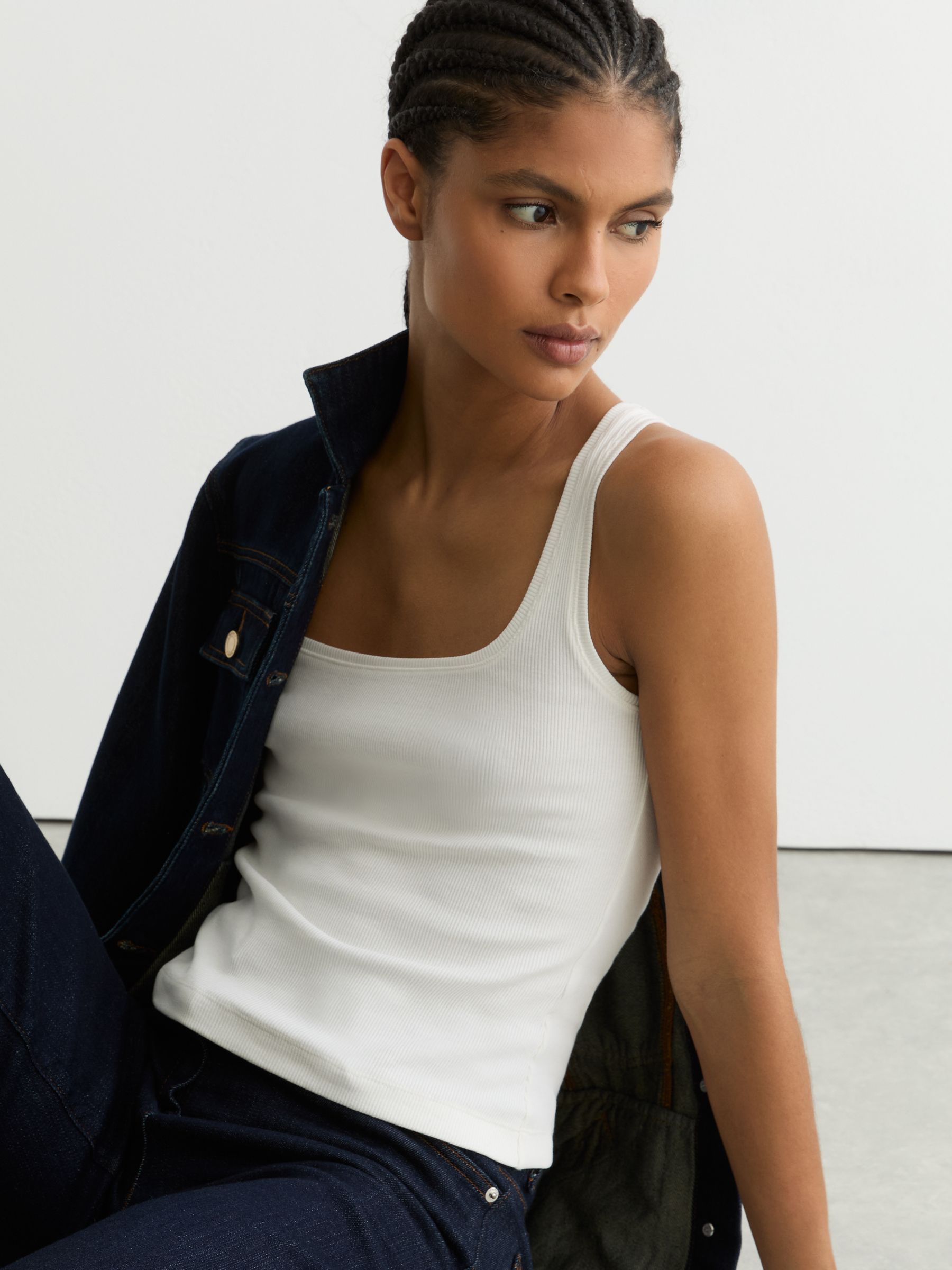 Stretch-Cotton Ribbed Square-Neck Vest in White - Image 1 of 6