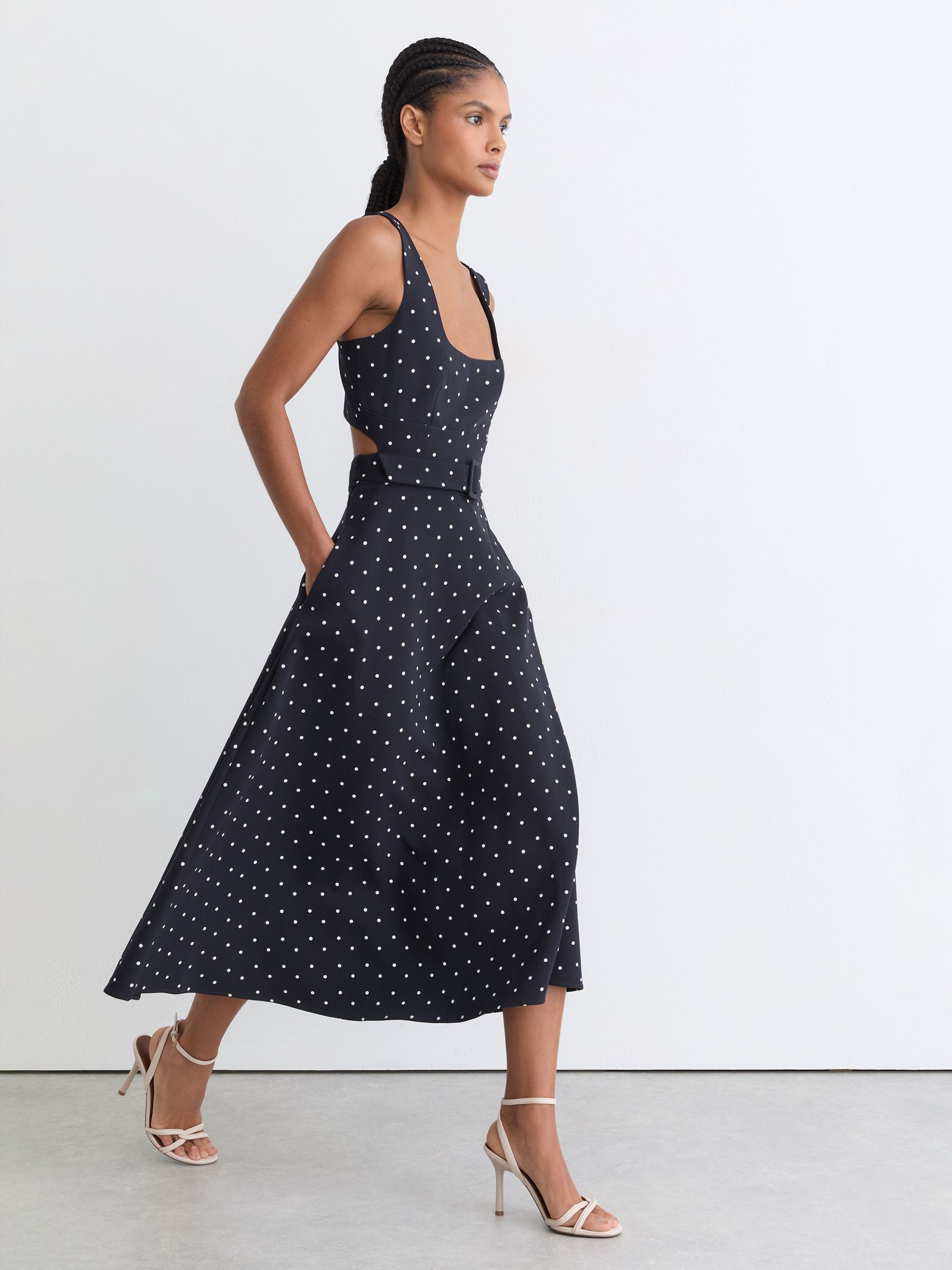 Polka Dot-Print Belted Midi Dress in Navy - image 2