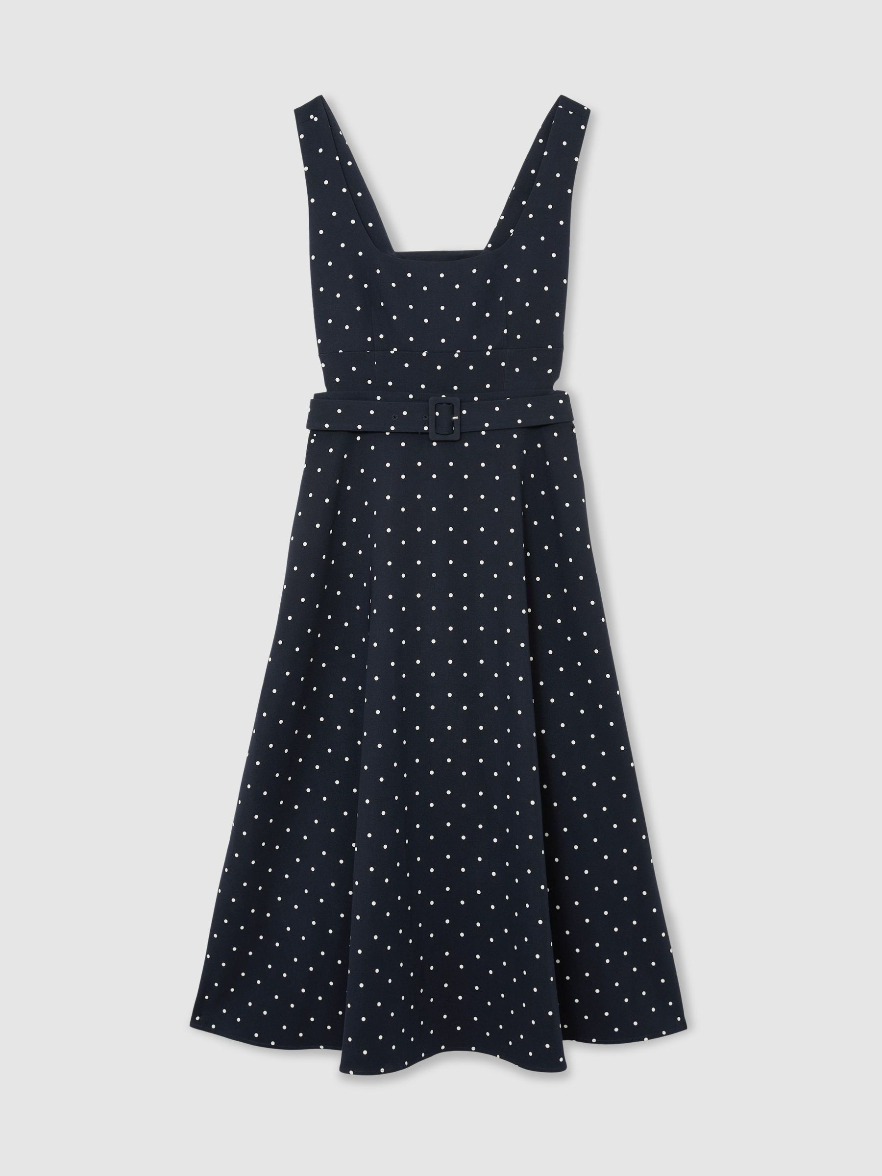 Polka Dot-Print Belted Midi Dress in Navy - image 1