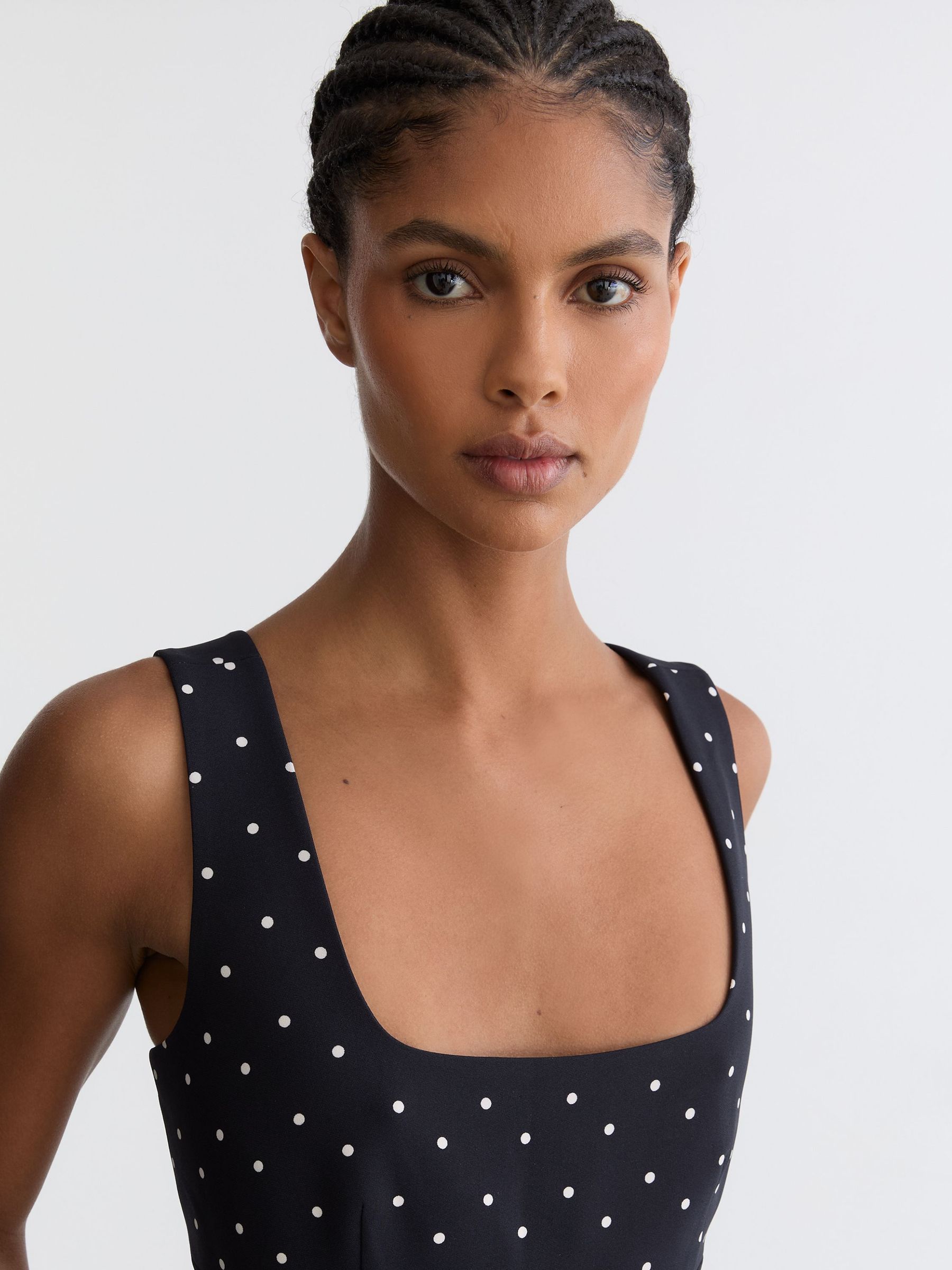 Polka Dot-Print Belted Midi Dress in Navy - image 5