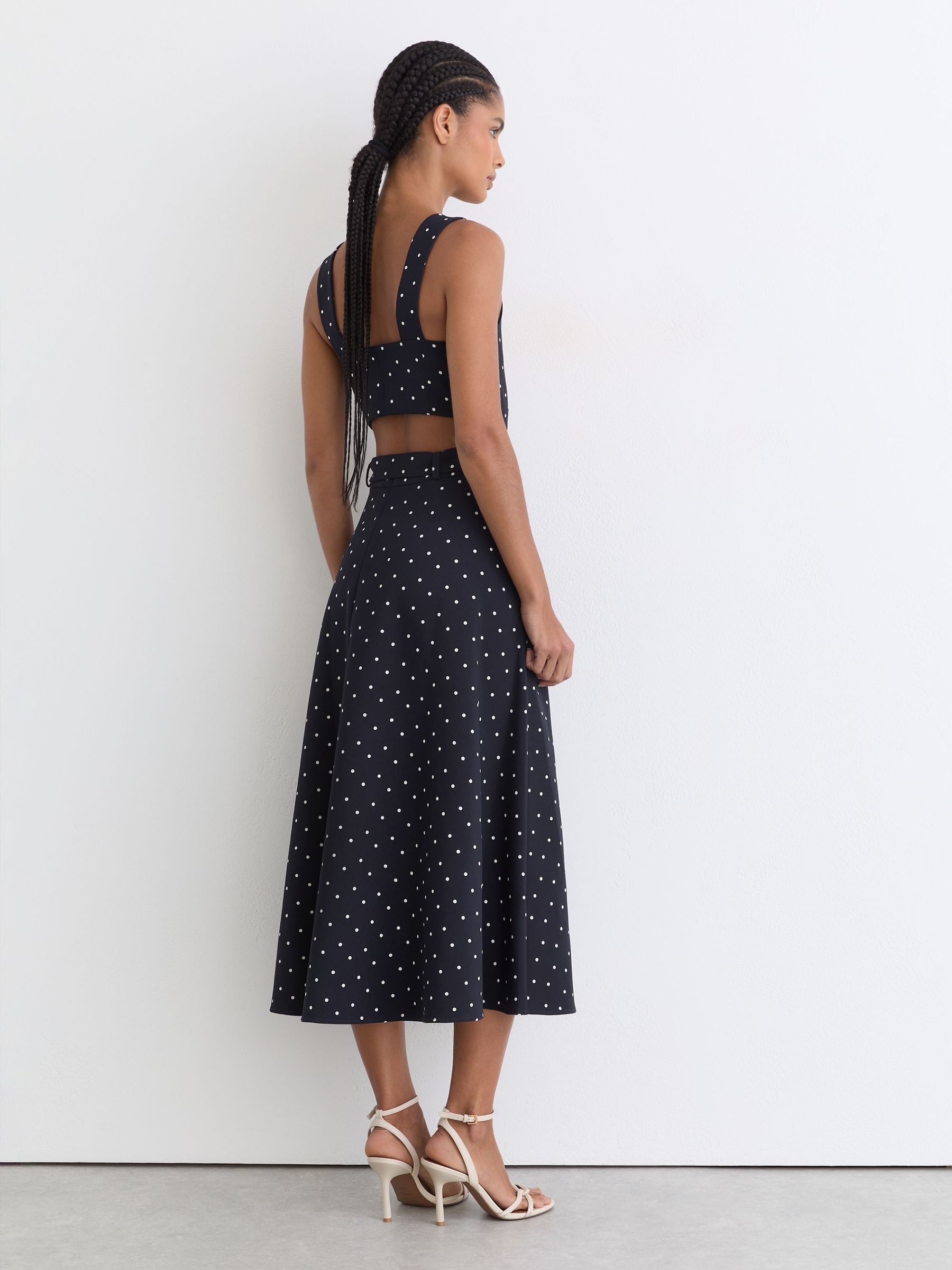 Polka Dot-Print Belted Midi Dress in Navy - image 3