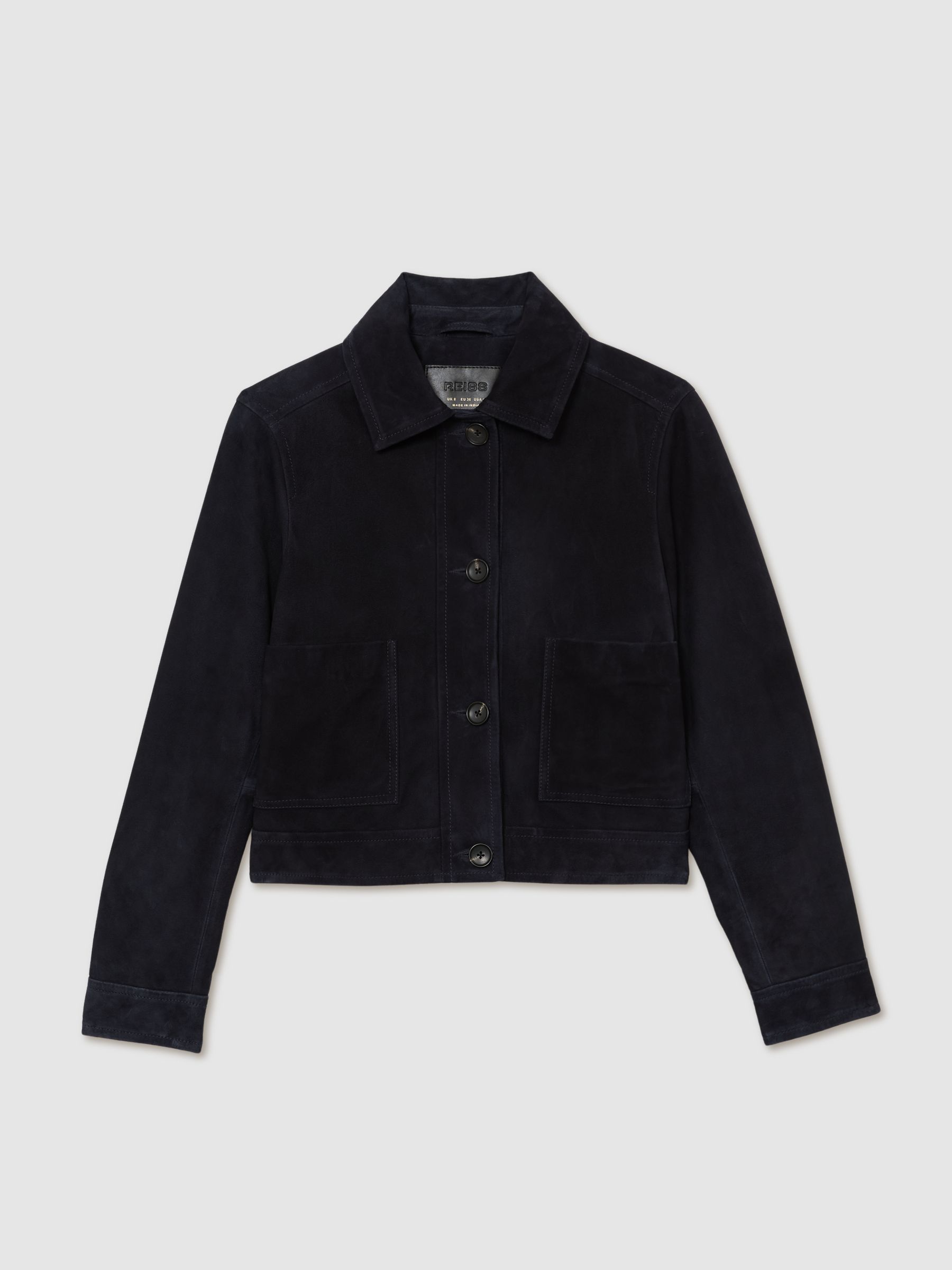Suede Cropped Trucker Jacket in Navy - Image 2 of 8