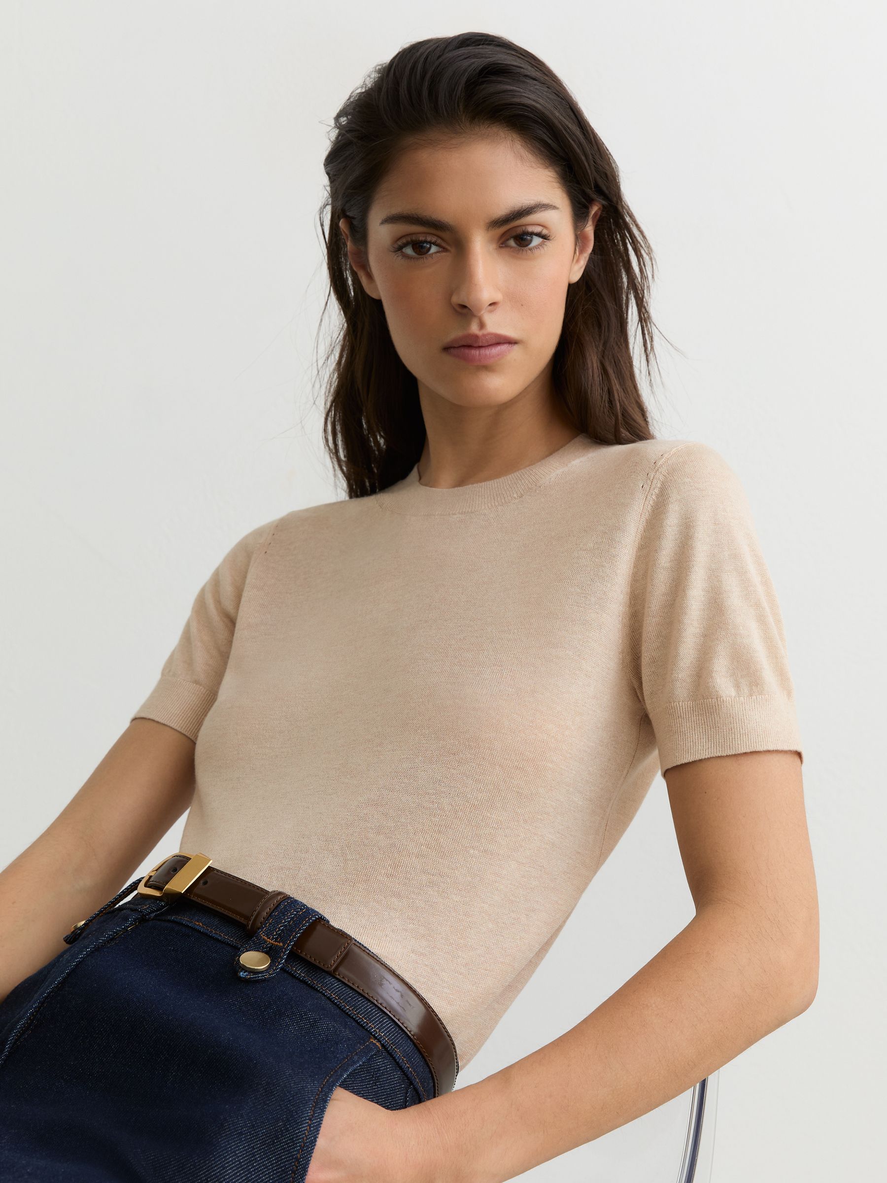 Short-Sleeve Knitted Top with Linen in Neutral - Image 1 of 7