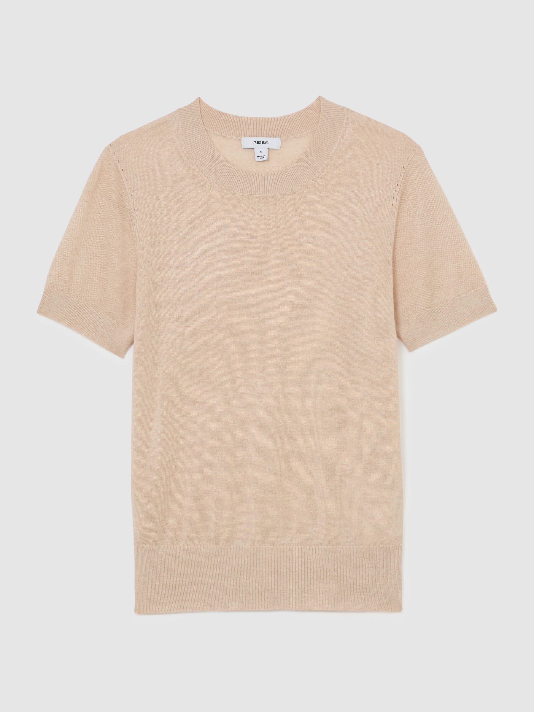Short-Sleeve Knitted Top with Linen in Neutral - image 1