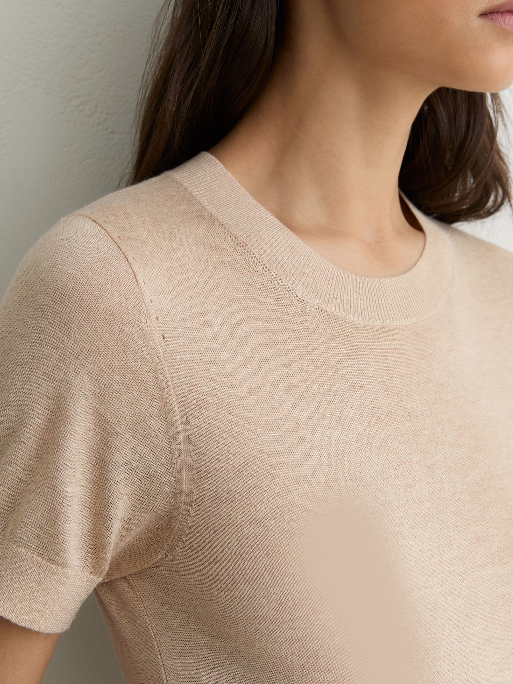 Short-Sleeve Knitted Top with Linen in Neutral - Image 4 of 7