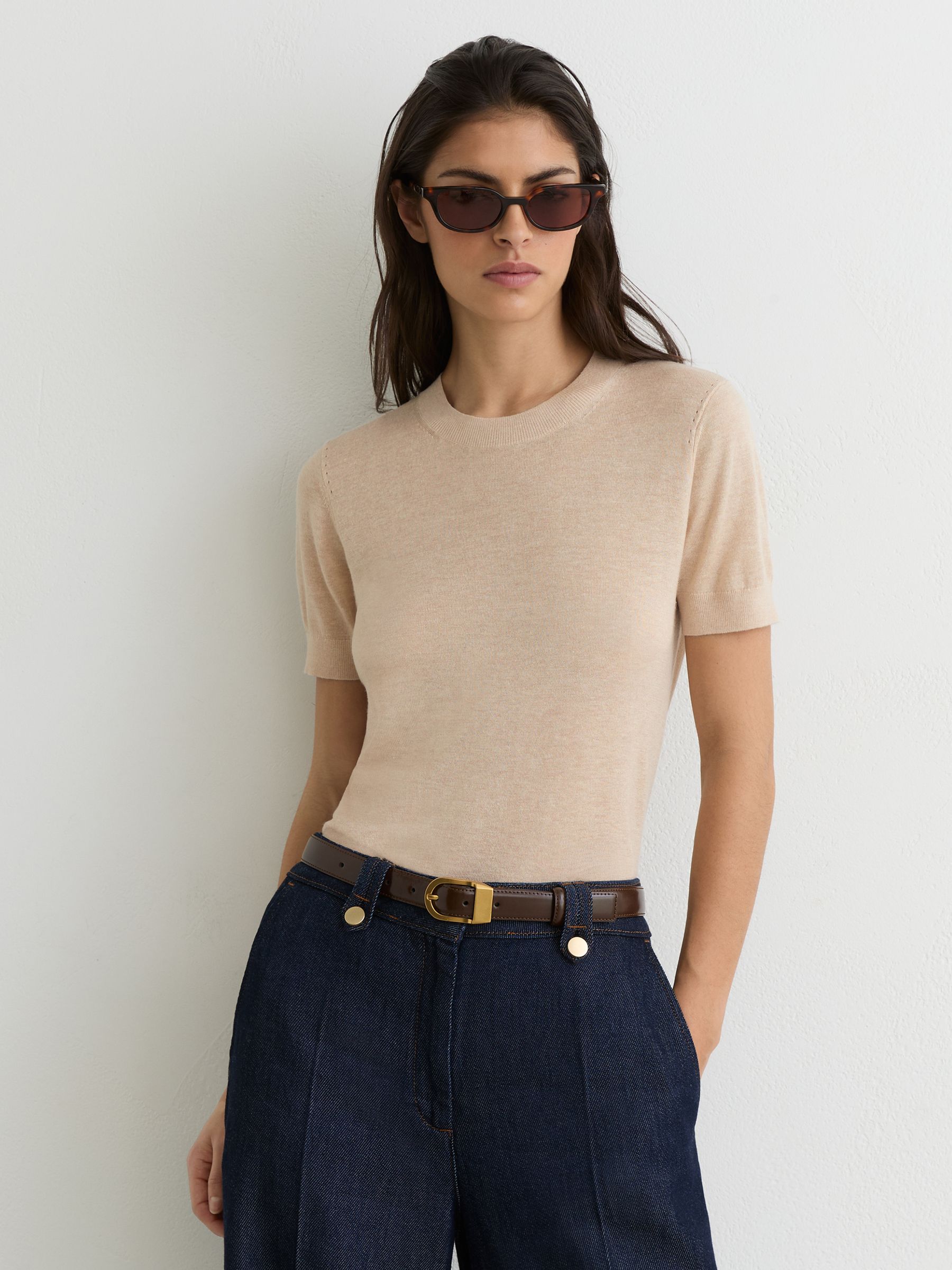 Short-Sleeve Knitted Top with Linen in Neutral - image 4