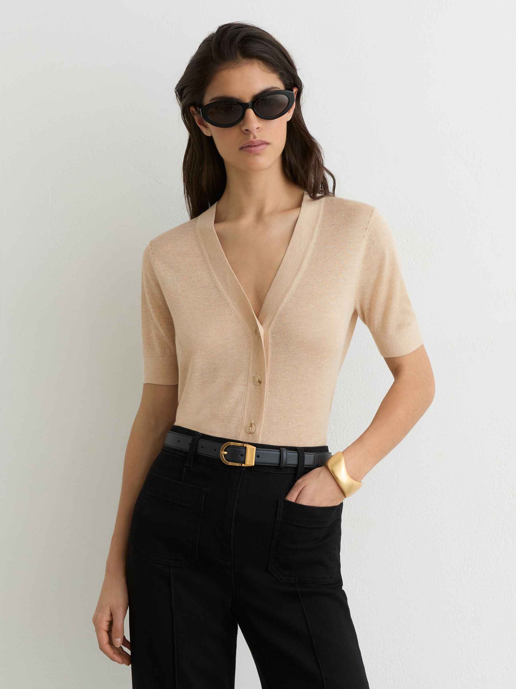 V-Neck Short-Sleeve Cardigan in Neutral - image 2