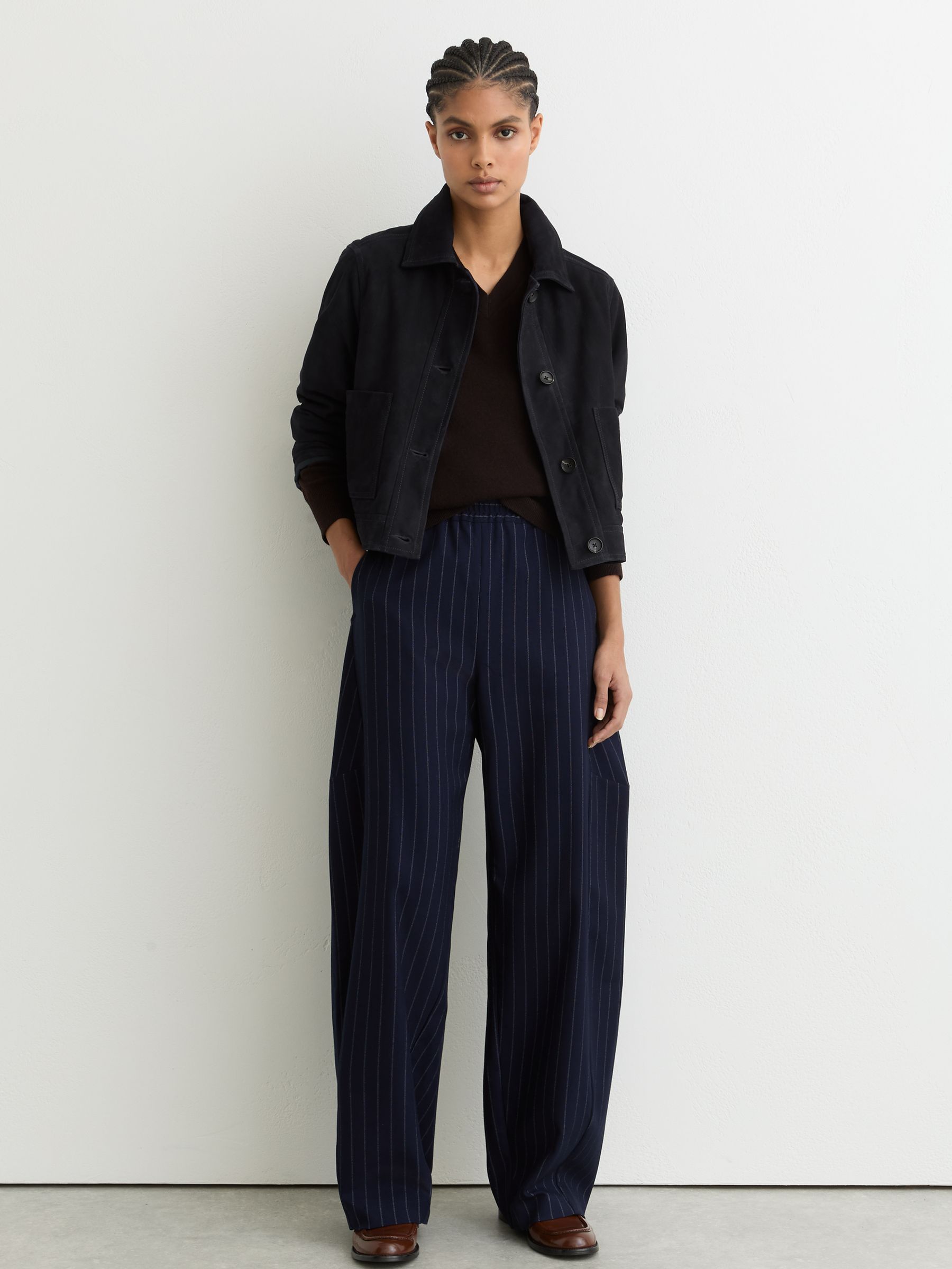 Petite Suede Cropped Trucker Jacket in Navy - Image 1 of 9 Petite Suede Cropped Trucker Jacket in Navy - Image 1 of 9