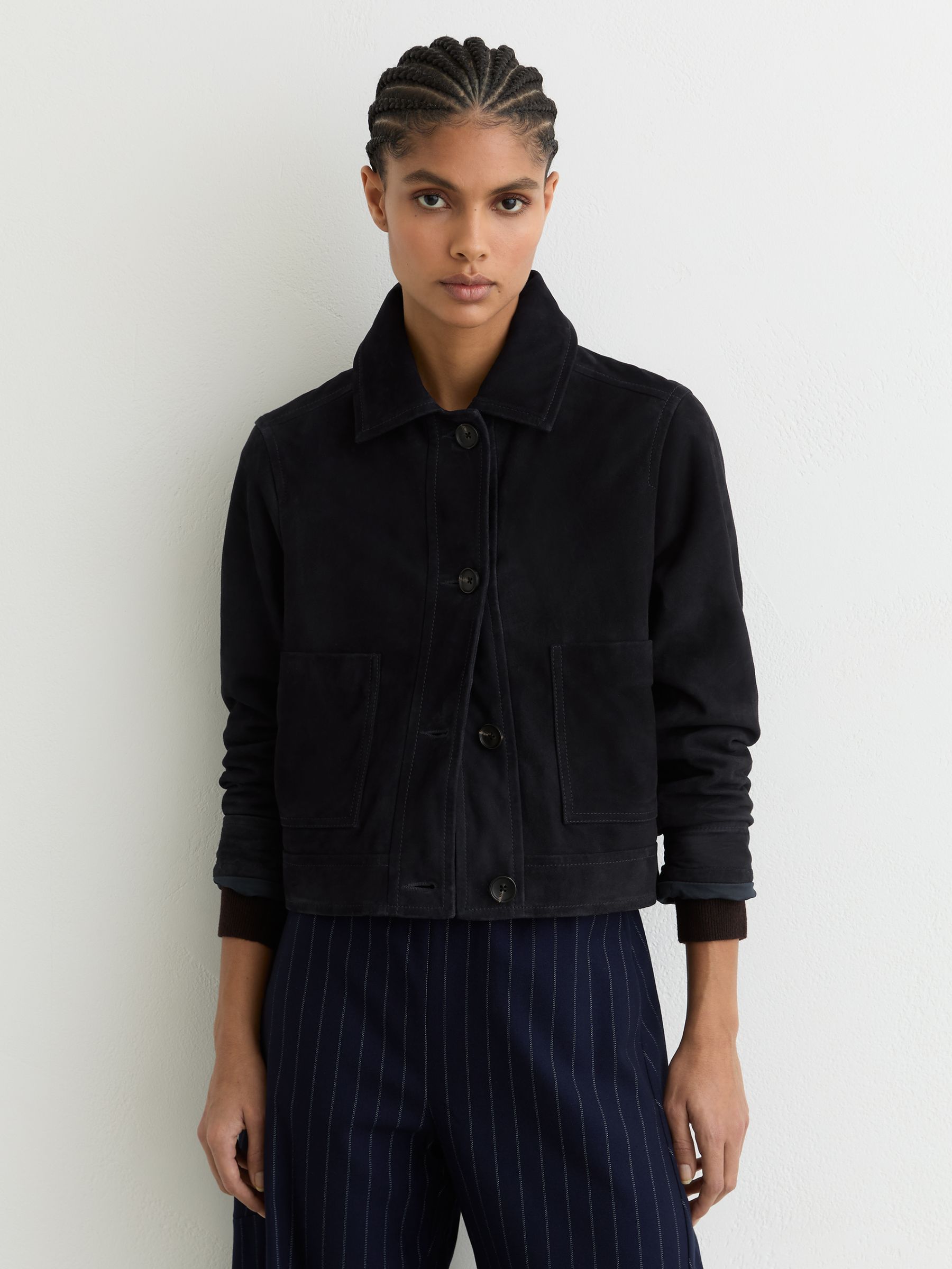 Petite Suede Cropped Trucker Jacket in Navy - Image 3 of 9