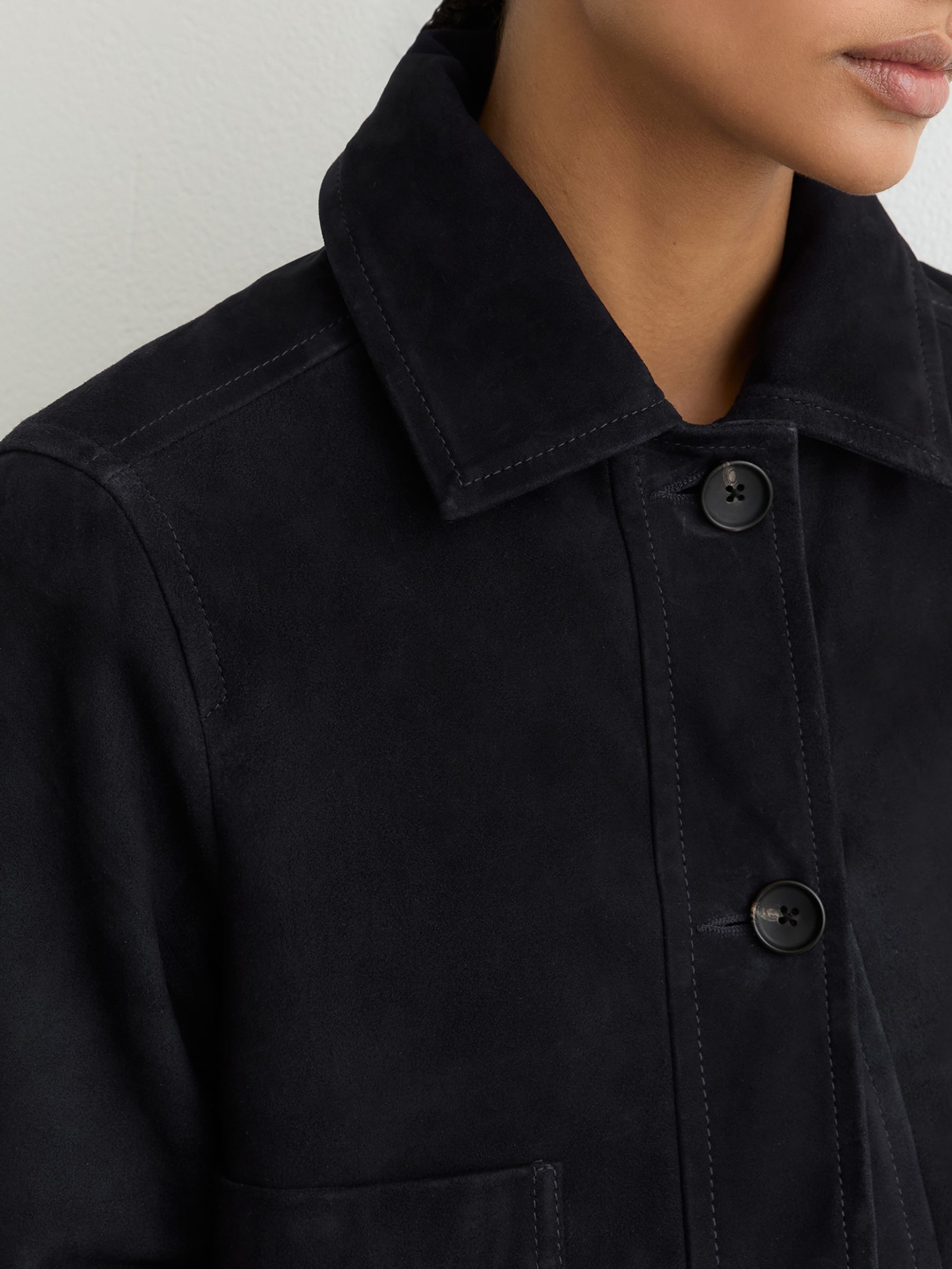 Petite Suede Cropped Trucker Jacket in Navy - Image 4 of 9