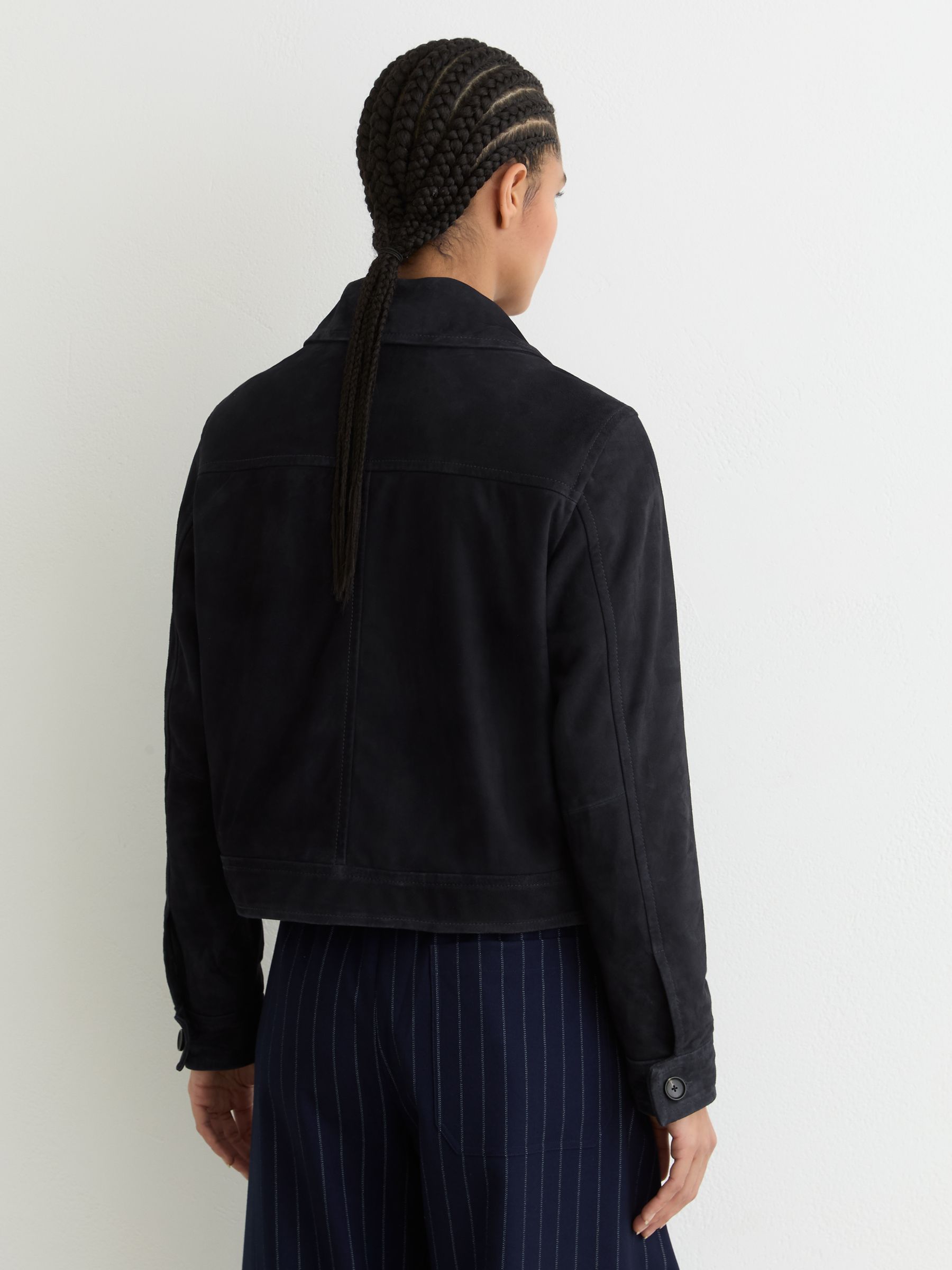 Petite Suede Cropped Trucker Jacket in Navy - Image 5 of 9