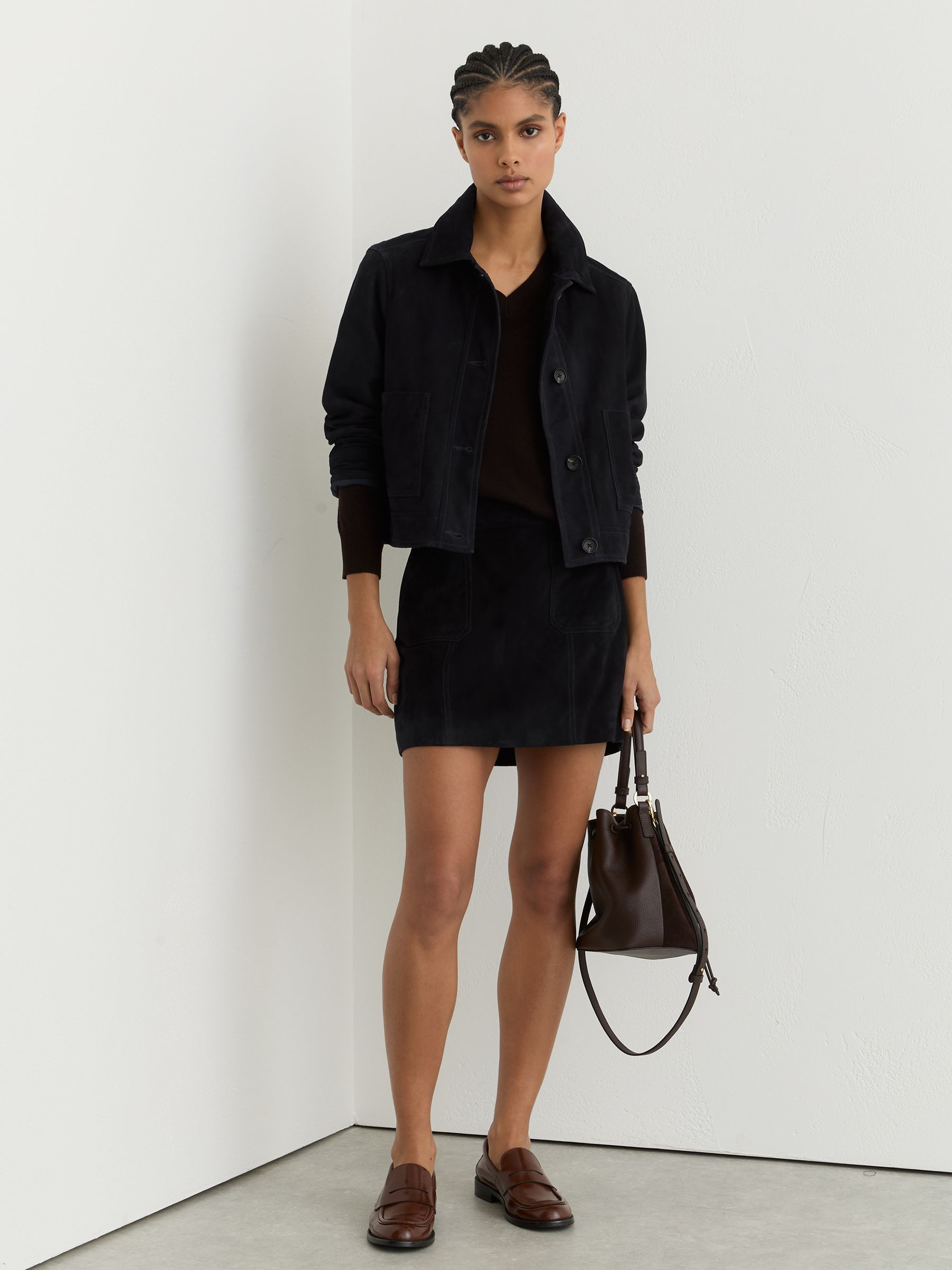 Petite Suede Cropped Trucker Jacket in Navy - Image 7 of 9