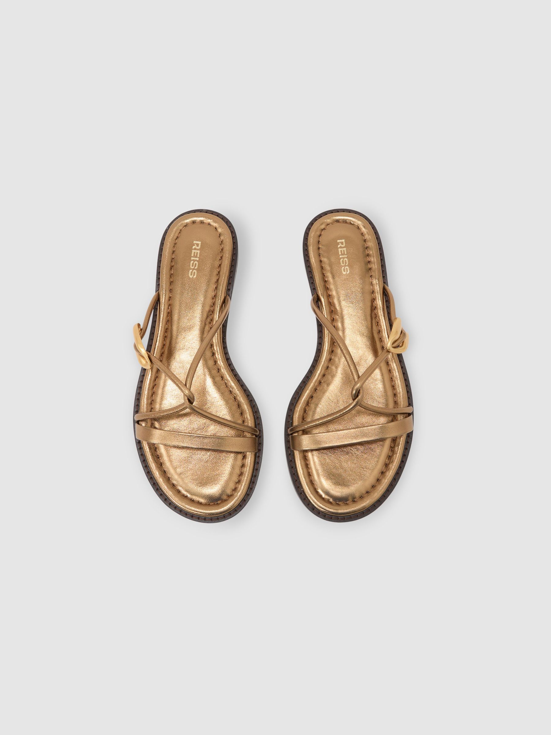 Reiss Leather Twist-Strap Flat Sandals in Dark Gold - REISS