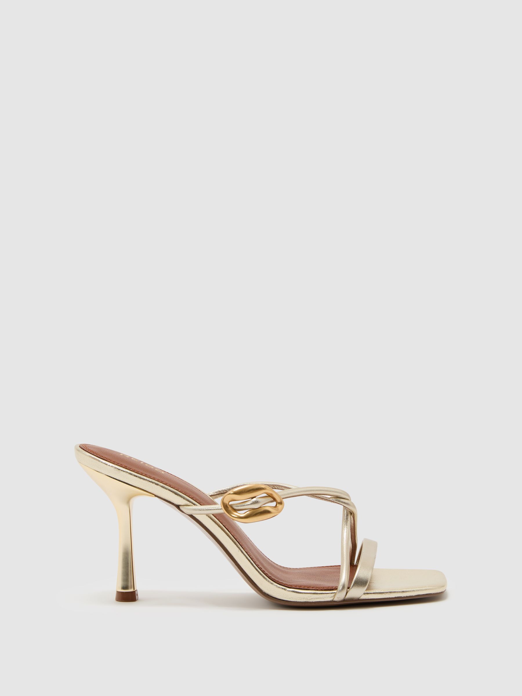 Leather Metallic Detail Heeled Sandals in Gold - Image 1 of 4