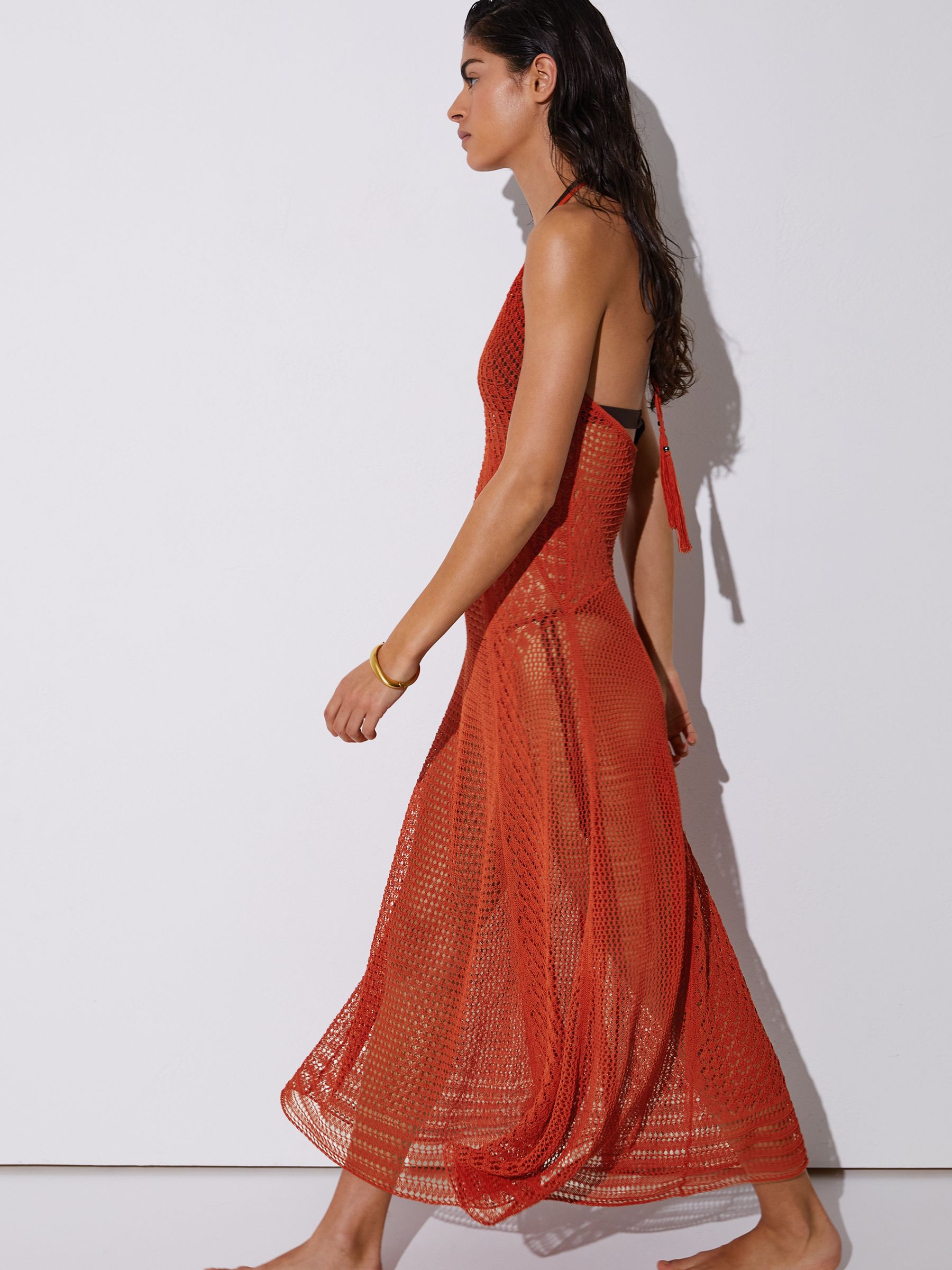 Cotton-Blend Crochet Beach Dress in Coral Red - Image 3 of 7