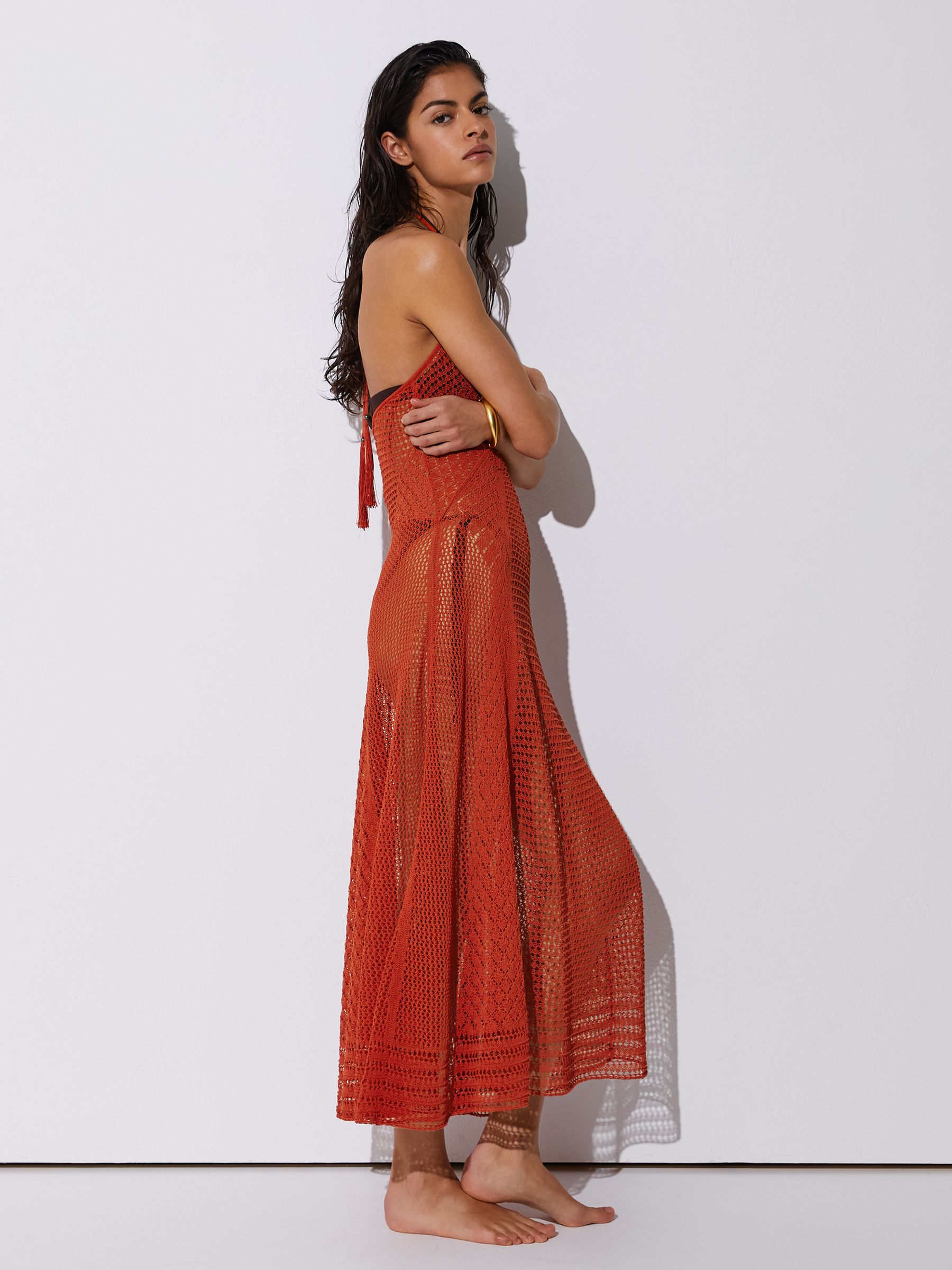 Cotton-Blend Crochet Beach Dress in Coral Red - Image 5 of 7