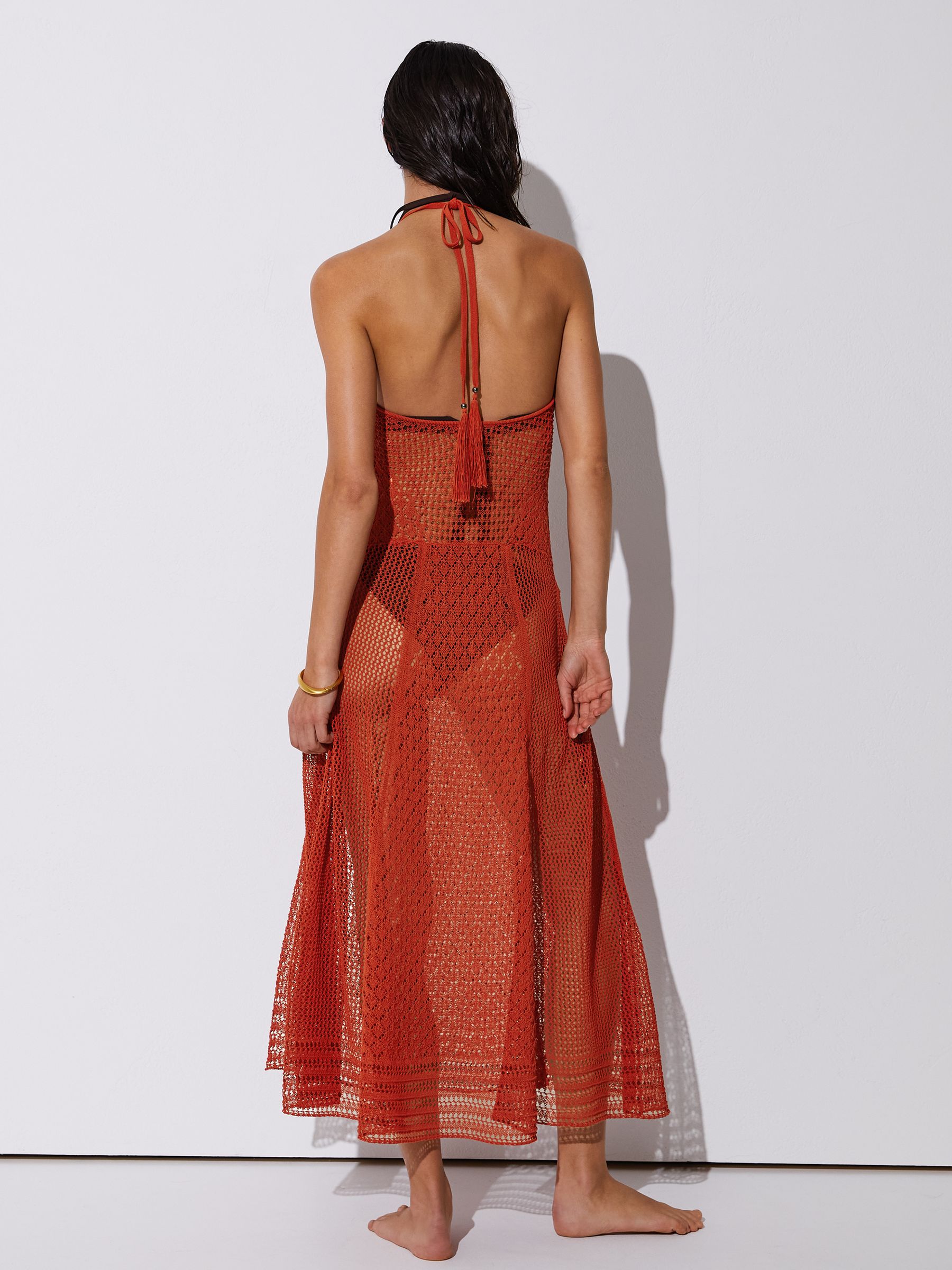 Cotton-Blend Crochet Beach Dress in Coral Red - Image 6 of 7
