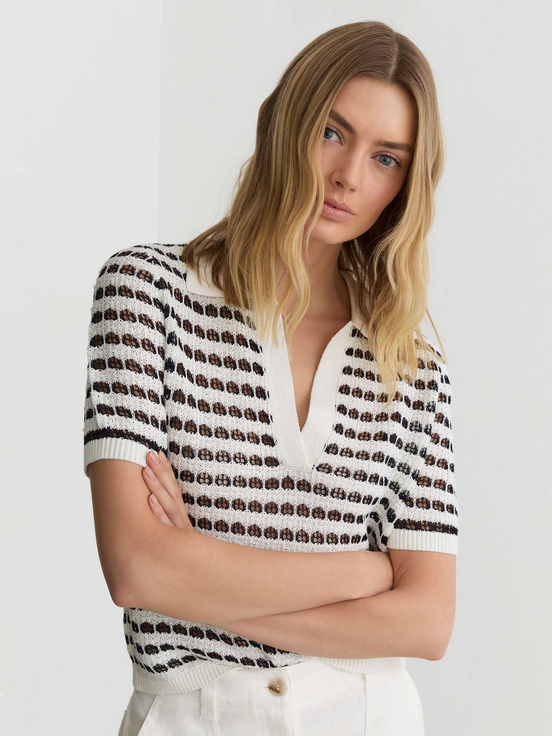 Open-Knit Patterned Polo Top With Cotton in White/Navy - image 2