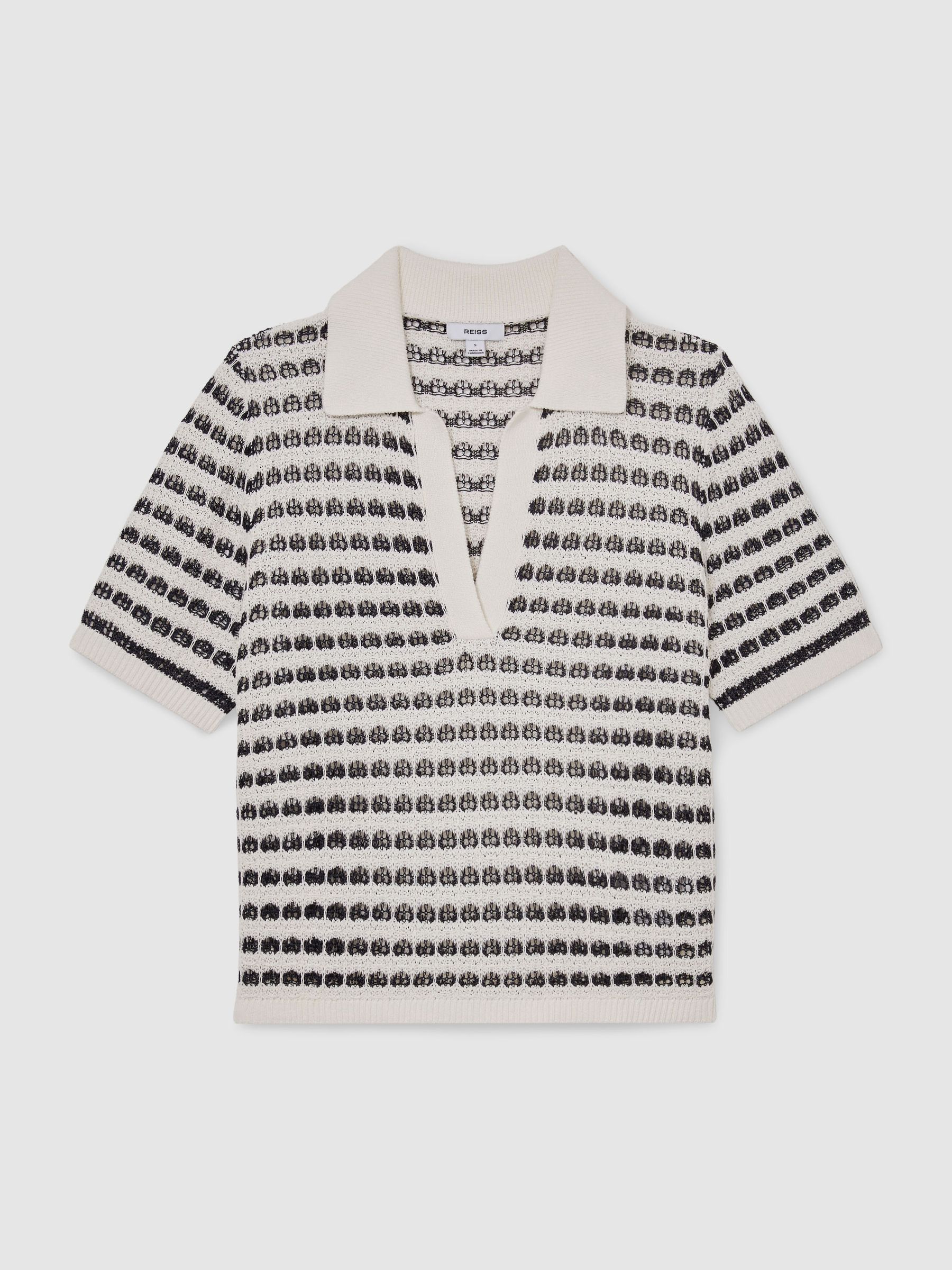 Open-Knit Patterned Polo Top With Cotton in White/Navy - image 1