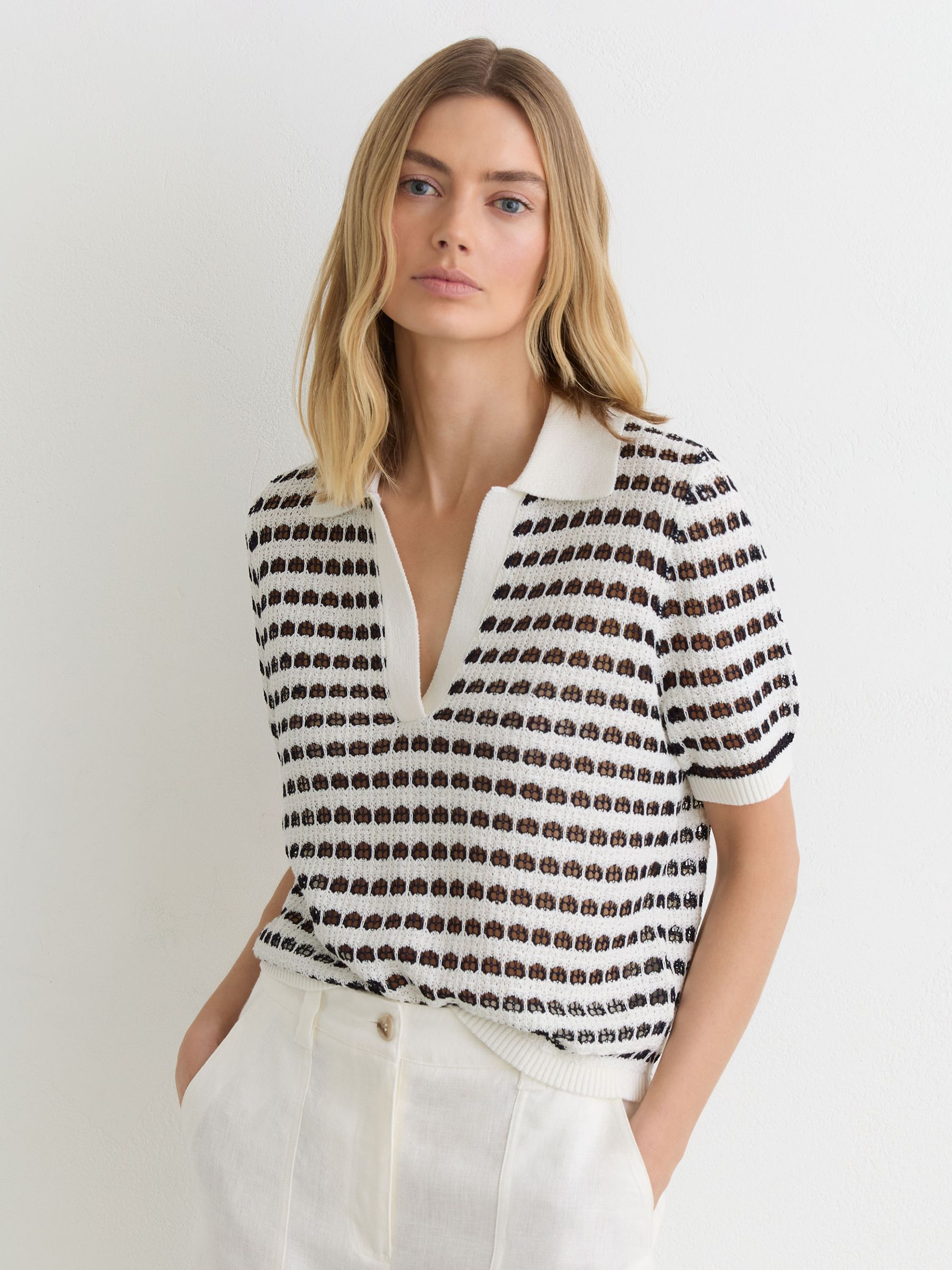 Open-Knit Patterned Polo Top With Cotton in White/Navy - image 5